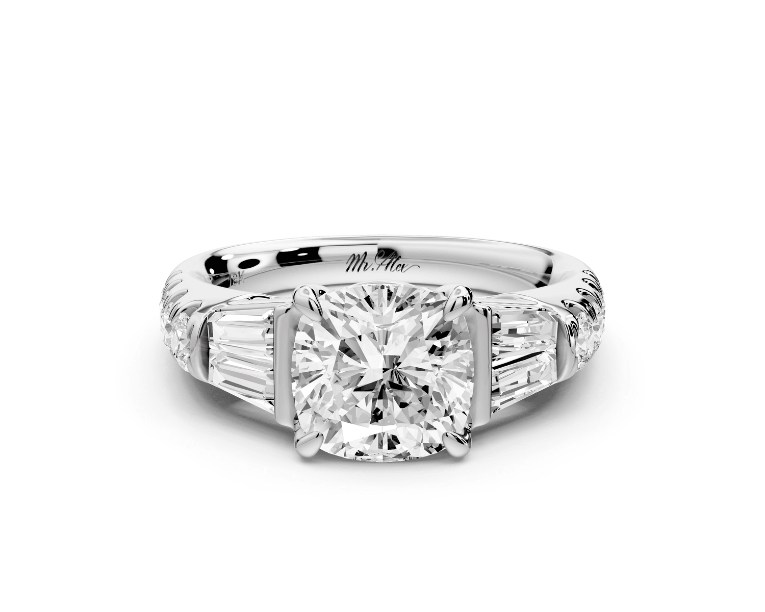 Aria - 2ct platinum cushion Diamond with tapered baguettes and round accent stones engagement ring - Mr. Alex Jewelry