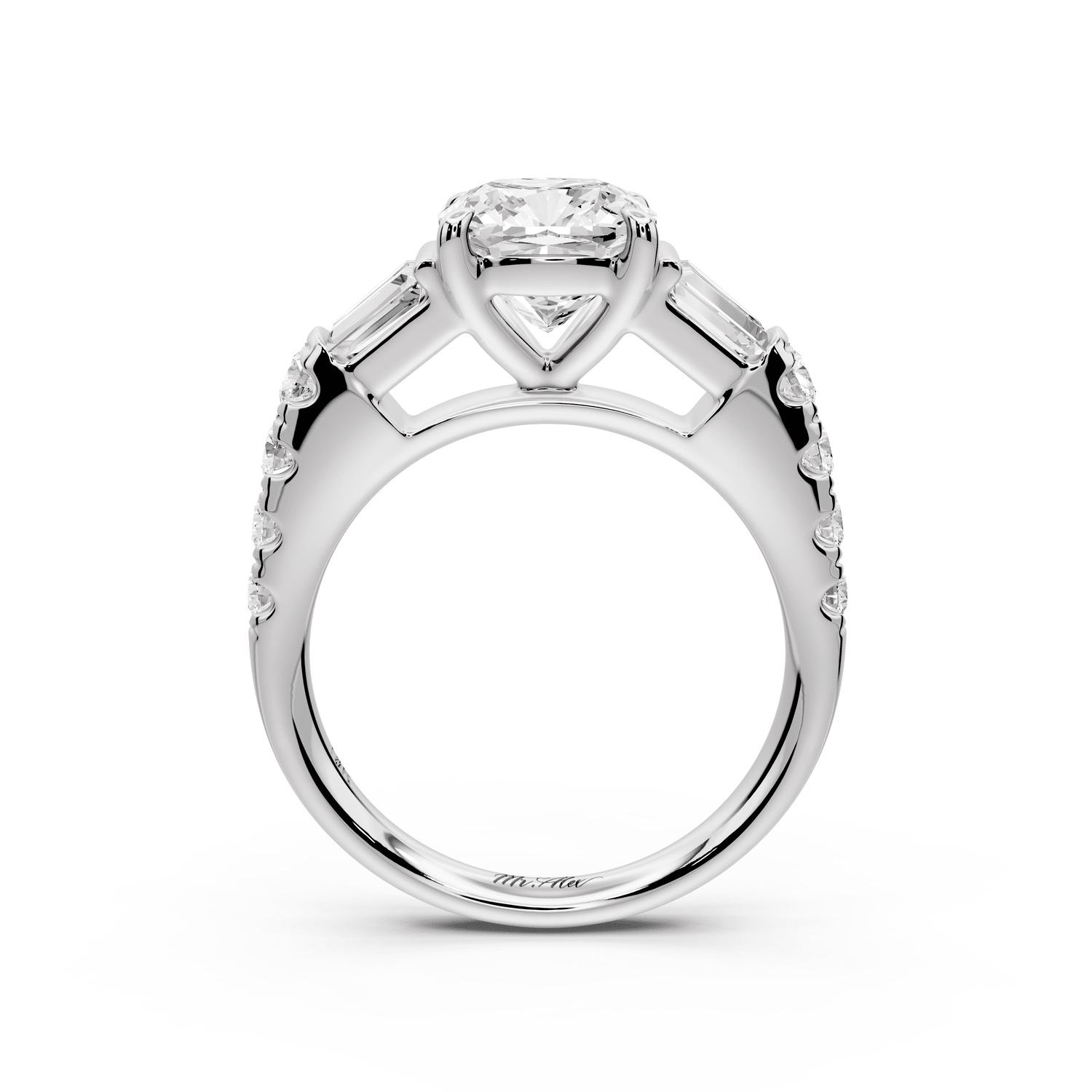 Aria - 2ct platinum cushion Diamond with tapered baguettes and round accent stones engagement ring - Mr. Alex Jewelry