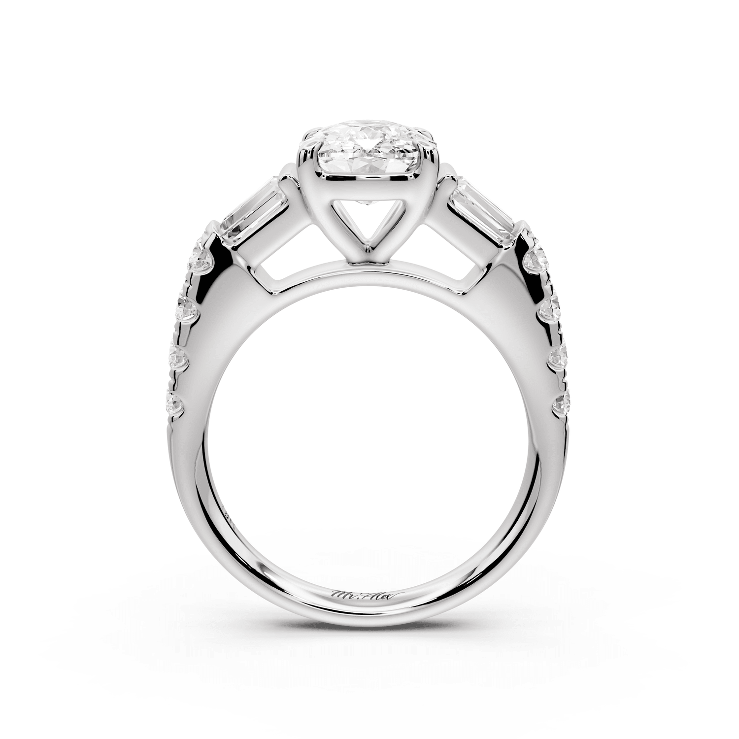 Aria - 2ct platinum Elongated Cushion Diamond with tapered baguettes and round accent stones engagement ring - Mr. Alex Jewelry