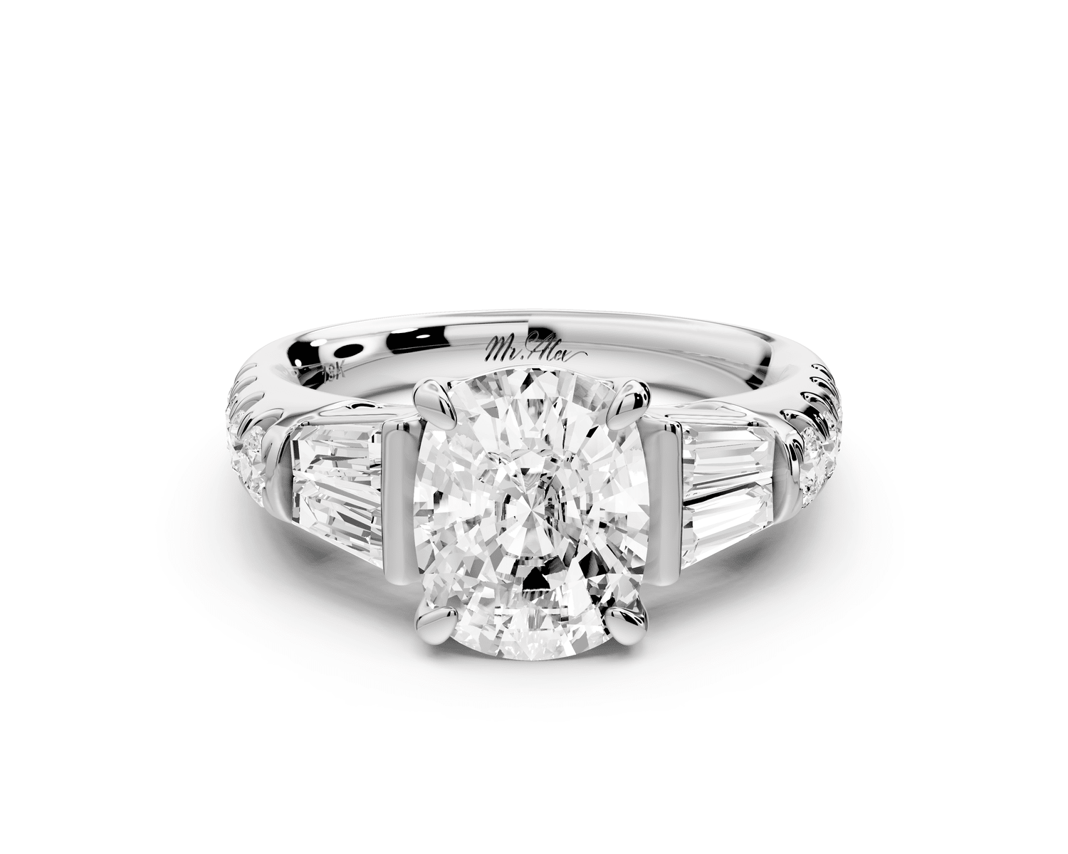 Aria - 2ct platinum Elongated Cushion Diamond with tapered baguettes and round accent stones engagement ring - Mr. Alex Jewelry
