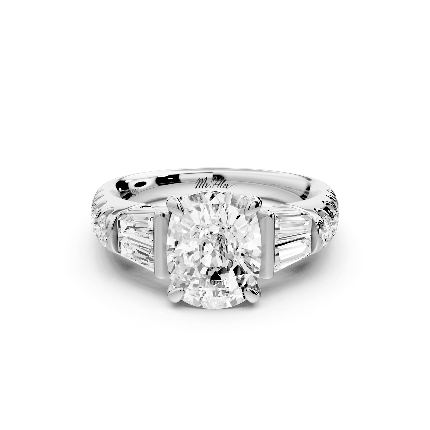Aria - 2ct platinum Elongated Cushion Diamond with tapered baguettes and round accent stones engagement ring - Mr. Alex Jewelry