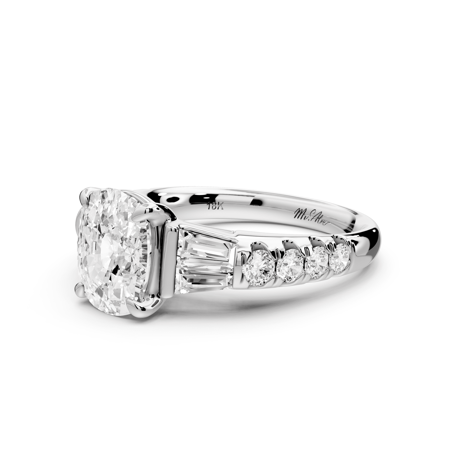 Aria - 2ct platinum Elongated Cushion Diamond with tapered baguettes and round accent stones engagement ring - Mr. Alex Jewelry