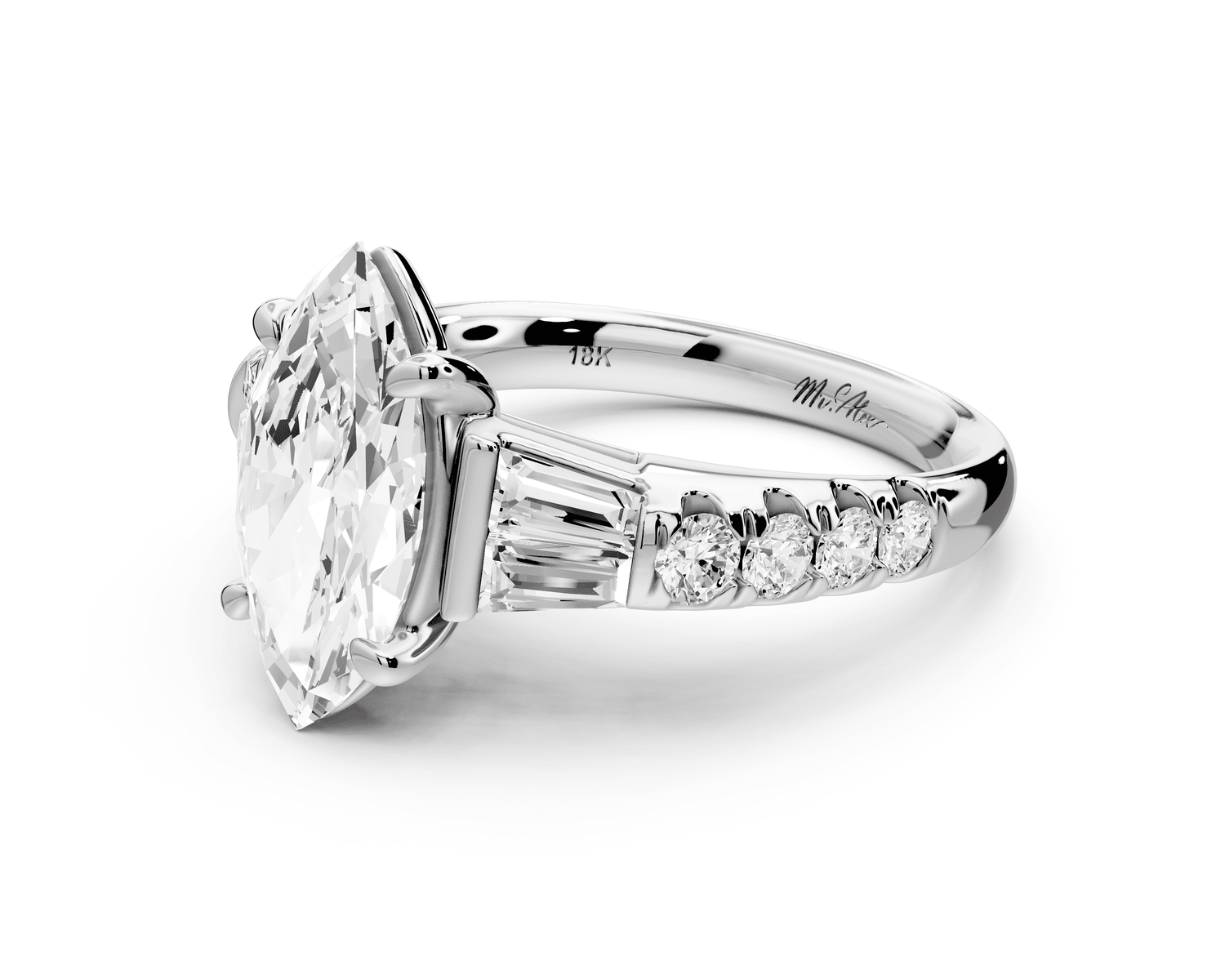 Aria - 2ct platinum marquise Diamond with tapered baguettes and round accent stones engagement ring - Mr. Alex Jewelry