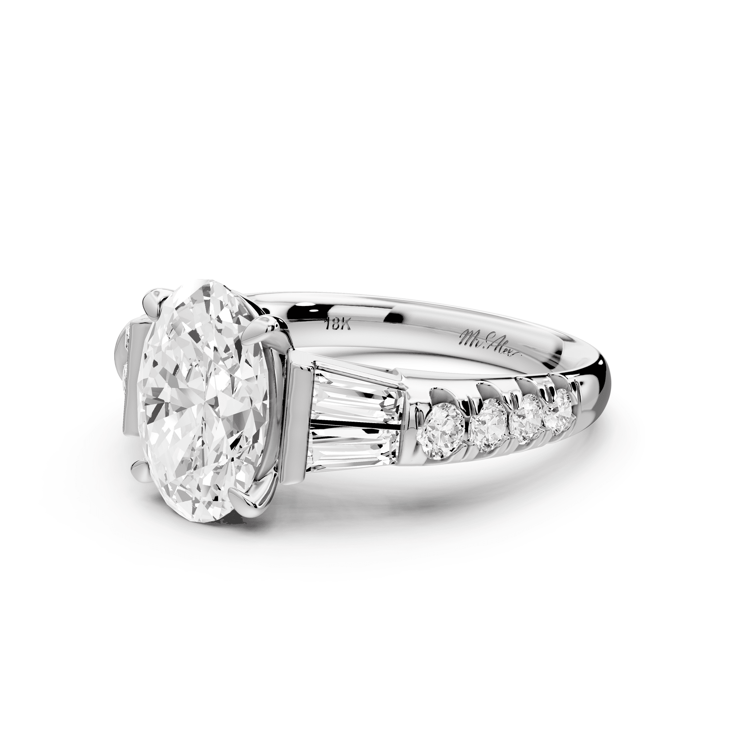 Aria - 2ct platinum oval Diamond with tapered baguettes and round accent stones Engagement ring - Mr. Alex Jewelry