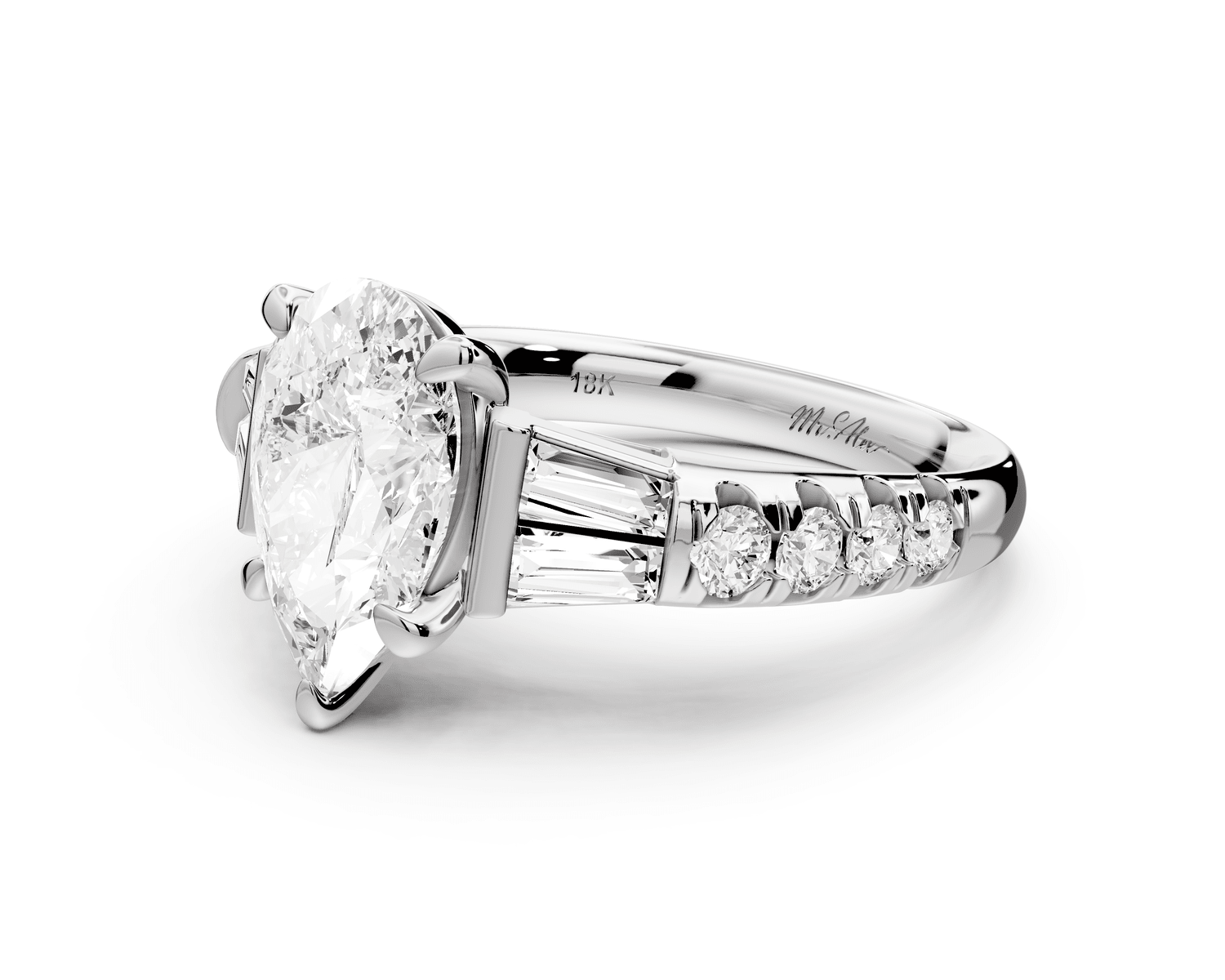 Aria - 2ct platinum pear Diamond with tapered baguettes and round accent stones Engagement ring - Mr. Alex Jewelry