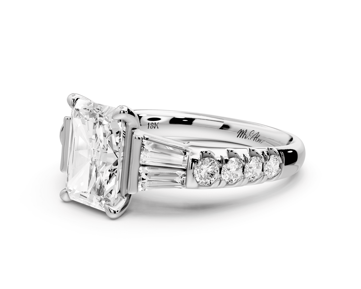 Aria - 2ct platinum radiant Diamond with tapered baguettes and round accent stones engagement ring - Mr. Alex Jewelry