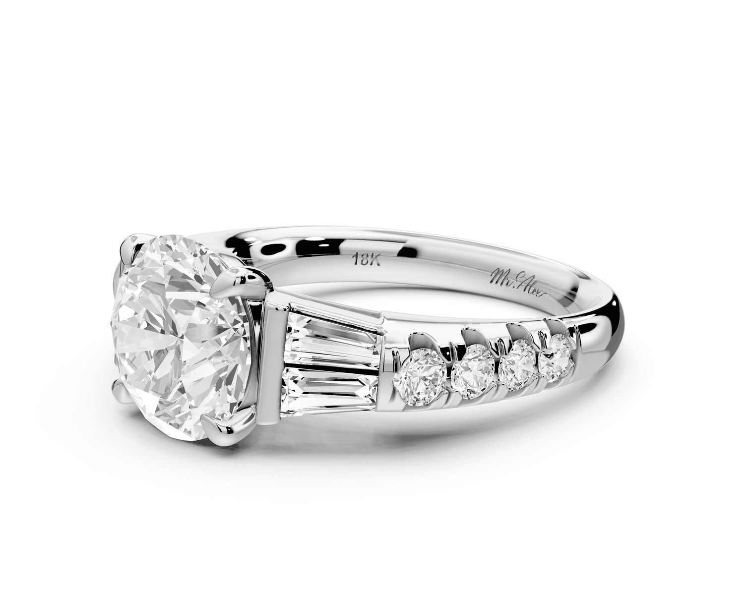 Aria - 2ct platinum round Diamond with tapered baguettes and round accent stones engagment ring - Mr. Alex Jewelry