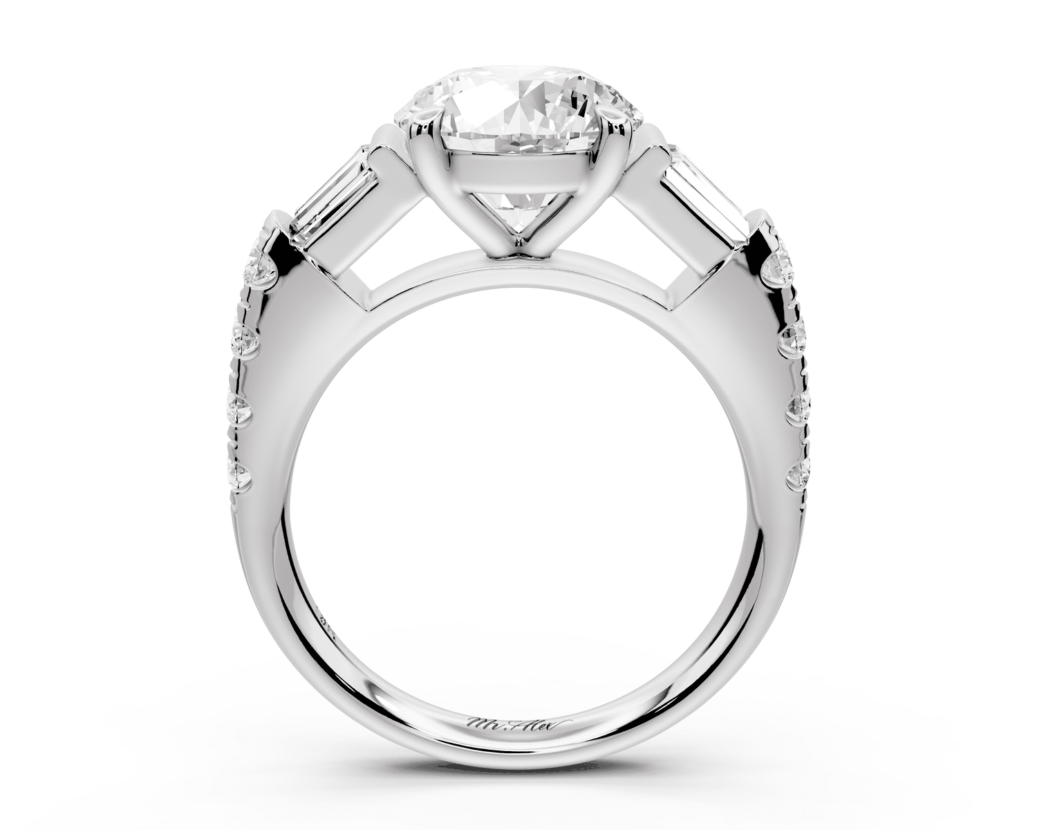 Aria - 2ct platinum round Diamond with tapered baguettes and round accent stones engagment ring - Mr. Alex Jewelry