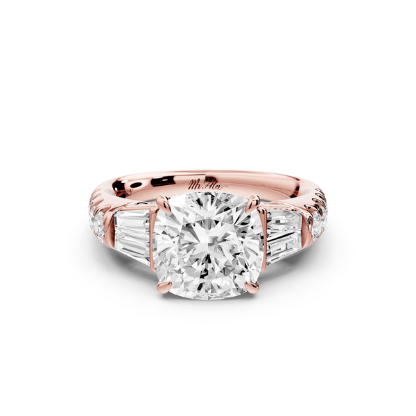 Aria - 3ct 14k rose gold cushion Diamond with tapered baguettes and round accent stones engagement ring - Mr. Alex Jewelry