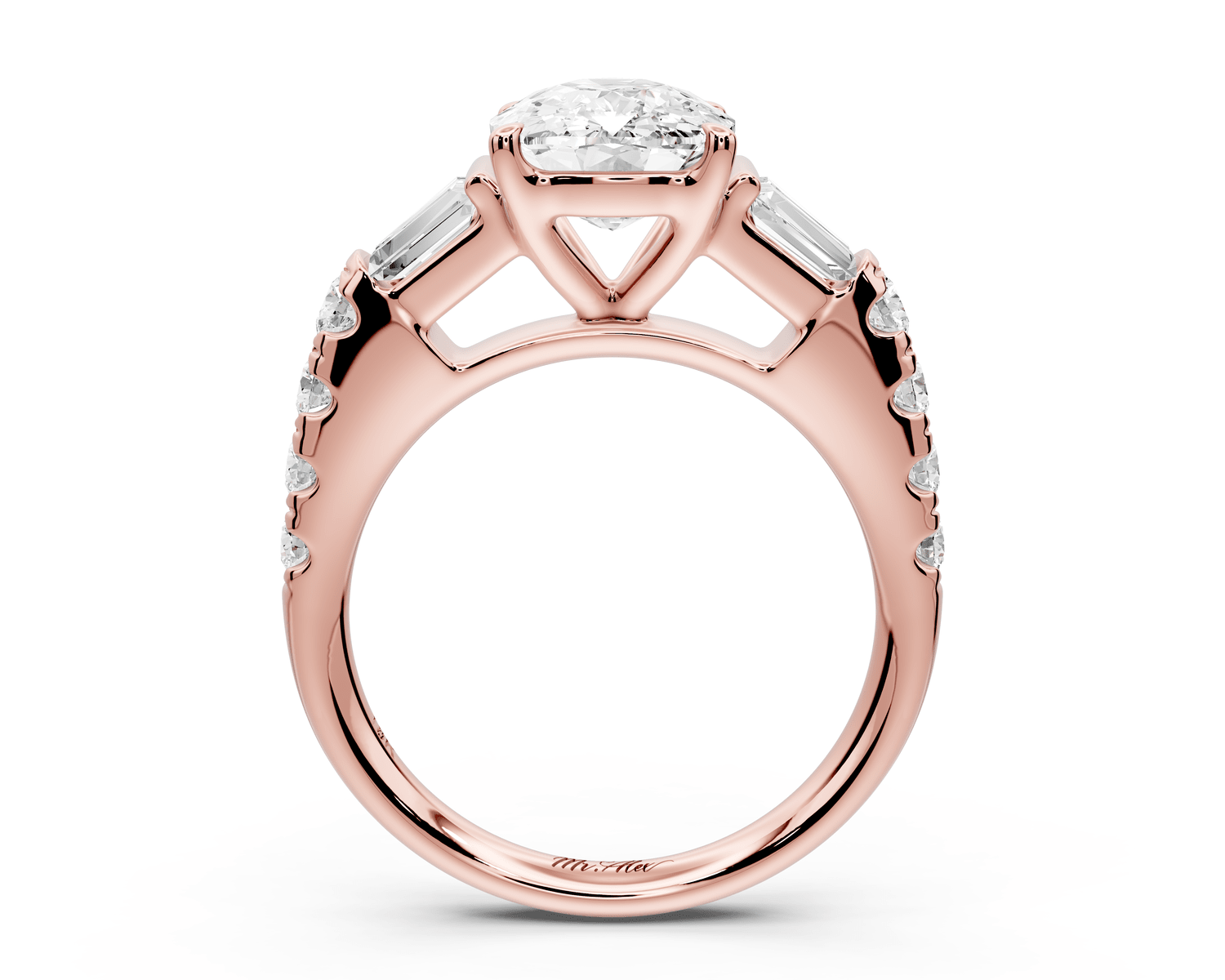Aria - 3ct 14k rose gold Elongated Cushion Diamond with tapered baguettes and round accent stones engagement ring - Mr. Alex Jewelry