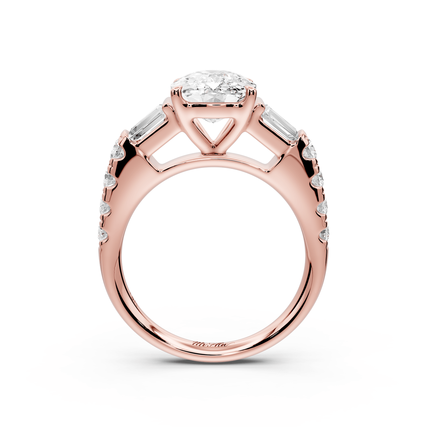 Aria - 3ct 14k rose gold Elongated Cushion Diamond with tapered baguettes and round accent stones engagement ring - Mr. Alex Jewelry