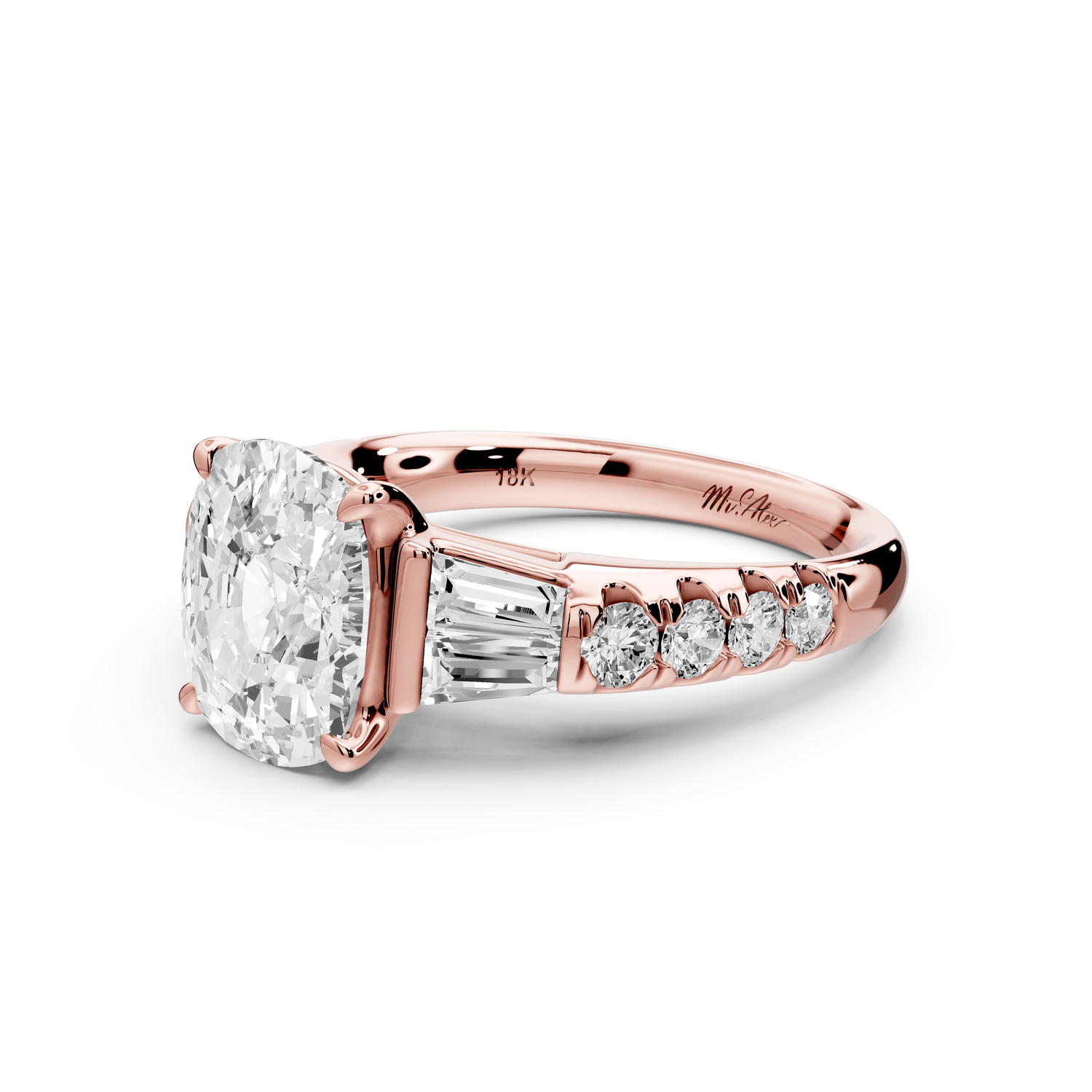 Aria - 3ct 14k rose gold Elongated Cushion Diamond with tapered baguettes and round accent stones engagement ring - Mr. Alex Jewelry