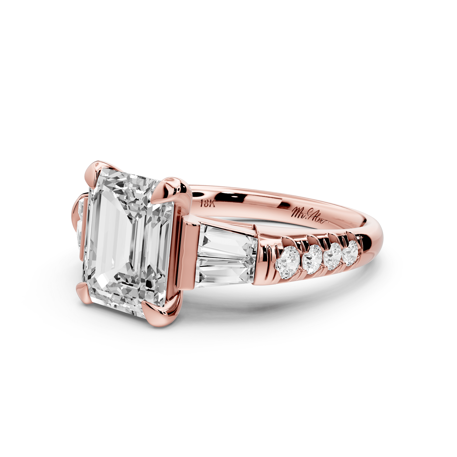 Aria - 3ct 14k rose gold emerald Diamond with tapered baguettes and round accent stones Engagement ring - Mr. Alex Jewelry