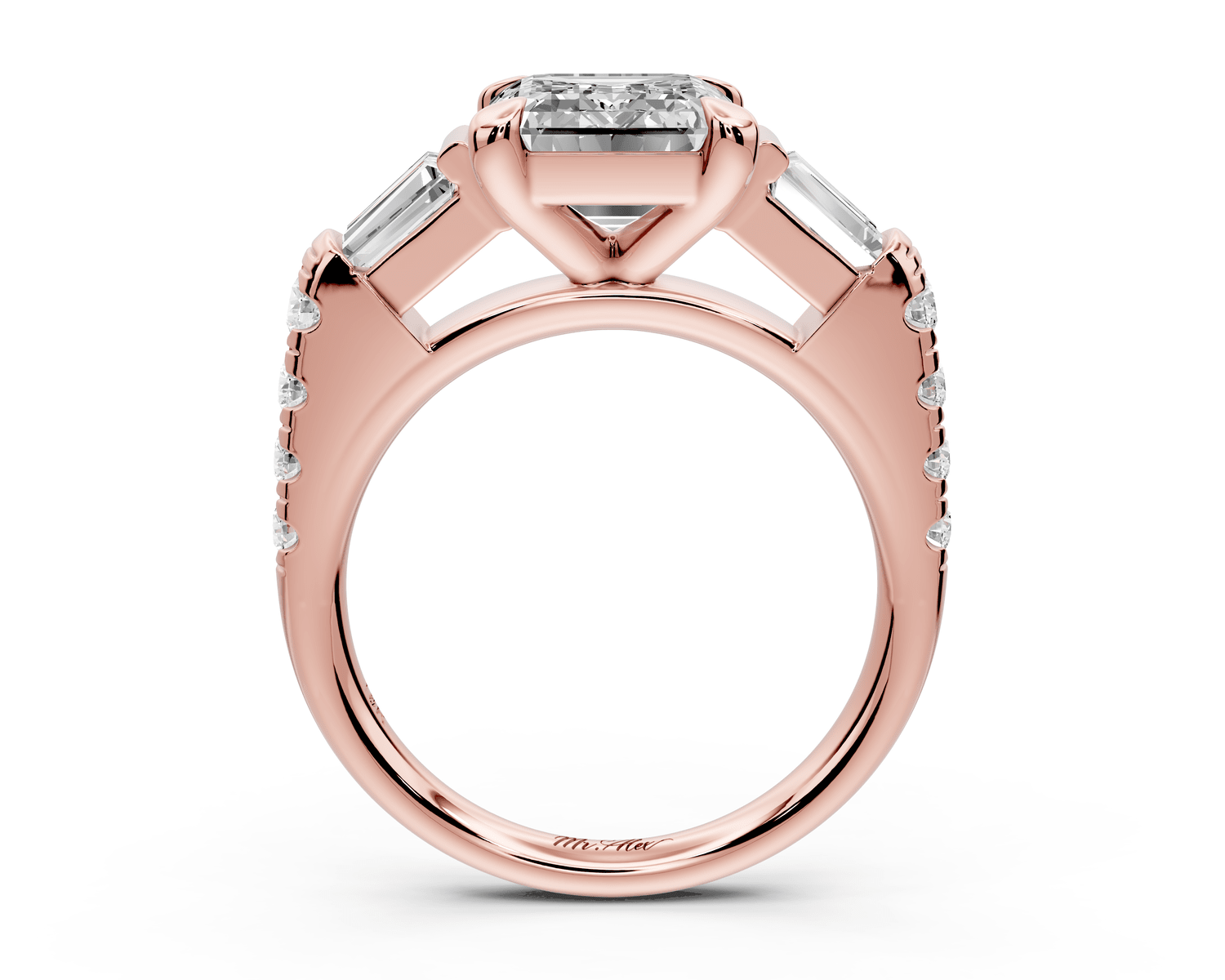 Aria - 3ct 14k rose gold emerald Diamond with tapered baguettes and round accent stones Engagement ring - Mr. Alex Jewelry
