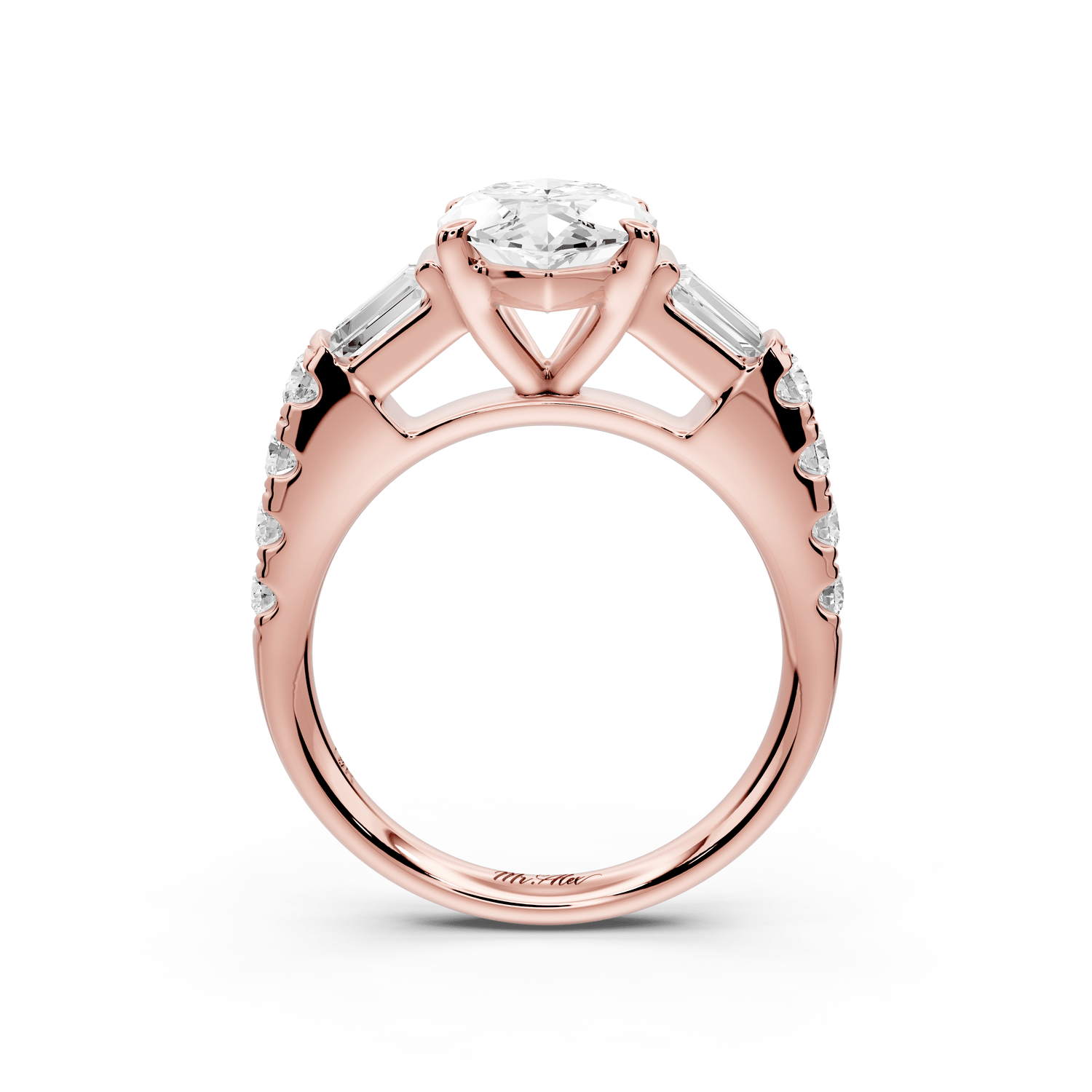 Aria - 3ct 14k rose gold marquise Diamond with tapered baguettes and round accent stones engagement ring - Mr. Alex Jewelry