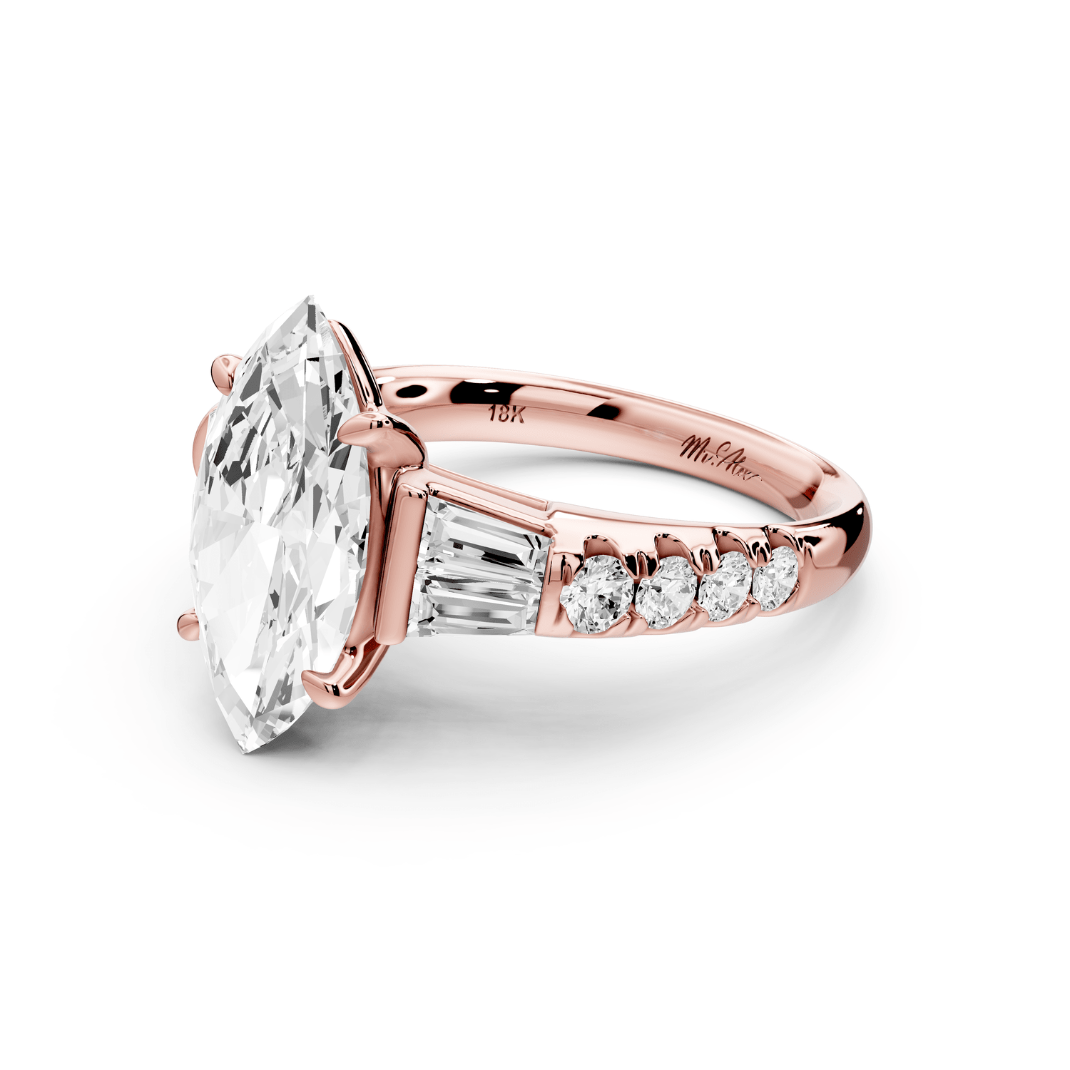 Aria - 3ct 14k rose gold marquise Diamond with tapered baguettes and round accent stones engagement ring - Mr. Alex Jewelry