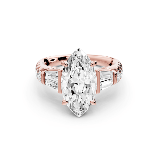 Aria - 3ct 14k rose gold marquise Diamond with tapered baguettes and round accent stones engagement ring - Mr. Alex Jewelry