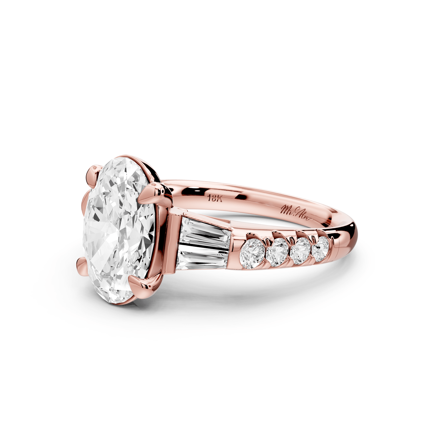 Aria - 3ct 14k rose gold oval Diamond with tapered baguettes and round accent stones Engagement ring - Mr. Alex Jewelry