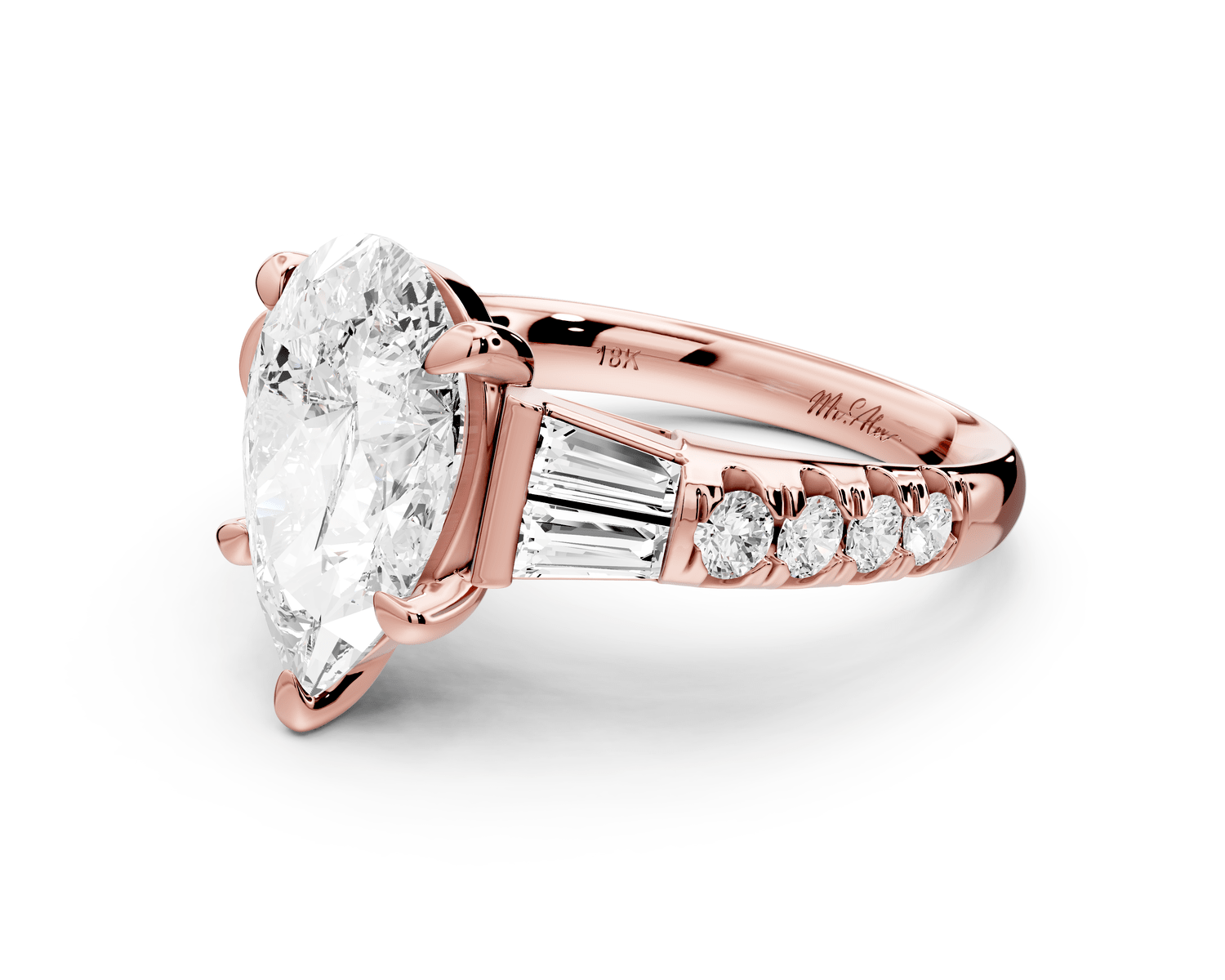 Aria - 3ct 14k rose gold pear Diamond with tapered baguettes and round accent stones Engagement ring - Mr. Alex Jewelry