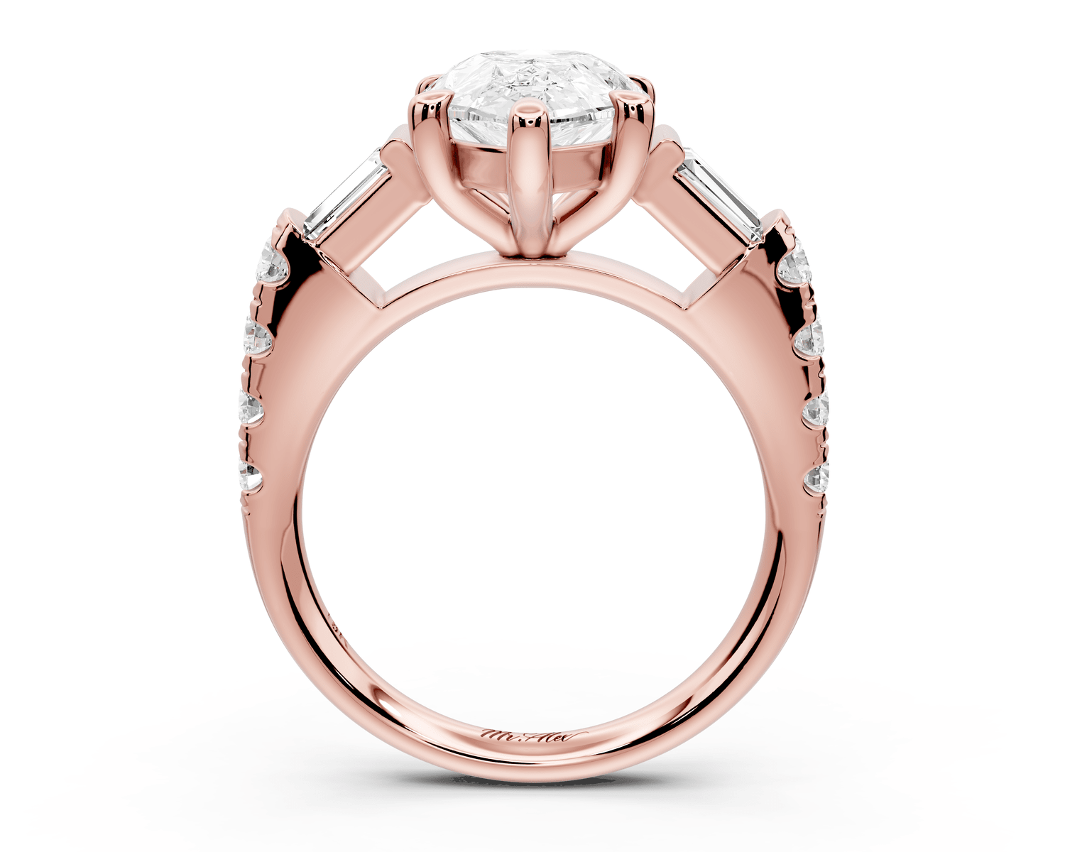 Aria - 3ct 14k rose gold pear Diamond with tapered baguettes and round accent stones Engagement ring - Mr. Alex Jewelry