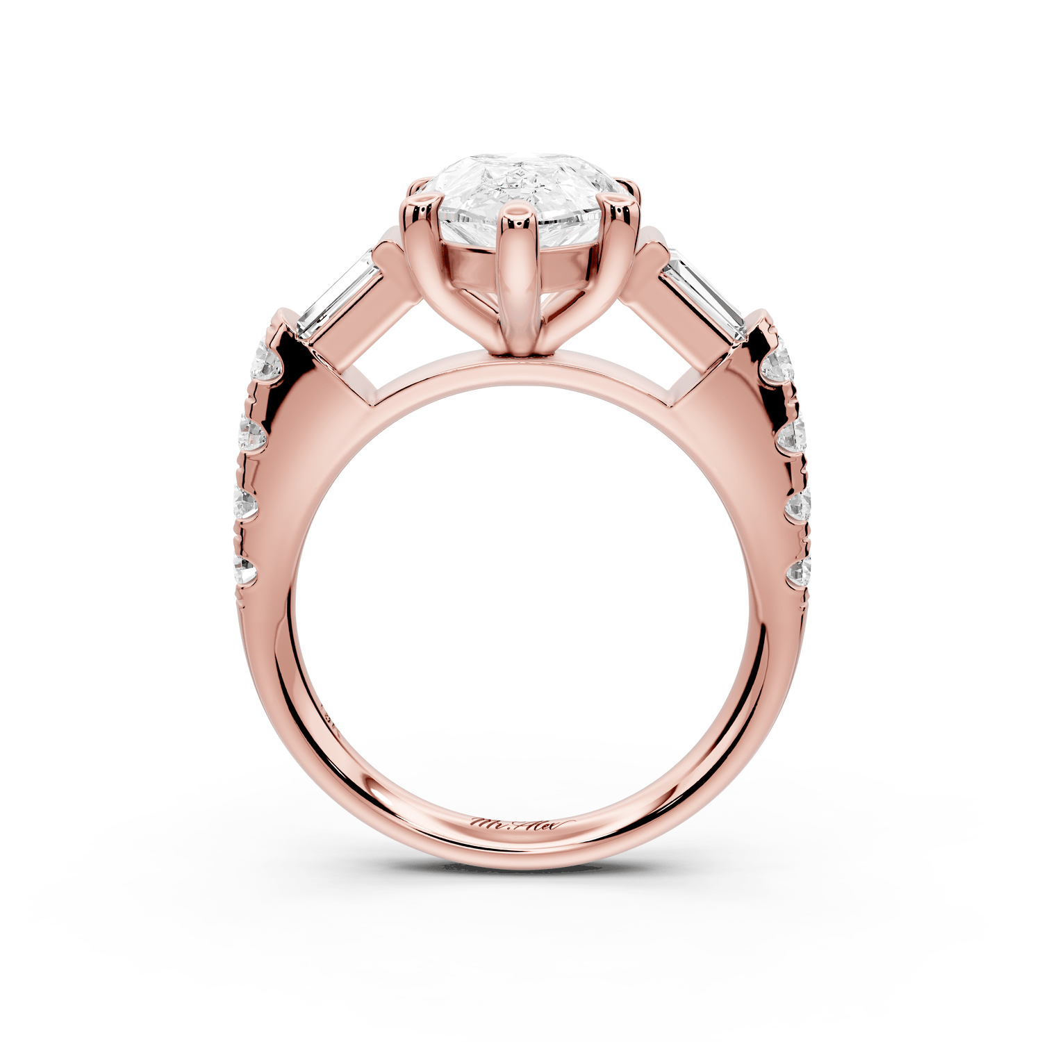 Aria - 3ct 14k rose gold pear Diamond with tapered baguettes and round accent stones Engagement ring - Mr. Alex Jewelry