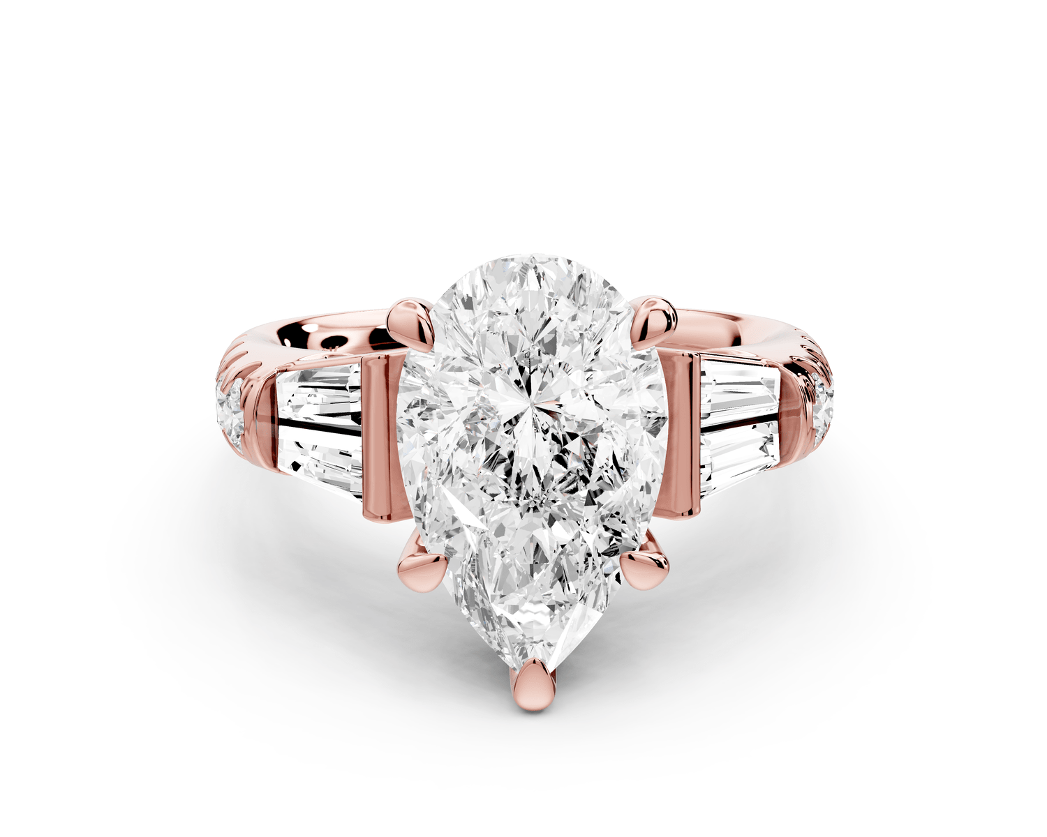 Aria - 3ct 14k rose gold pear Diamond with tapered baguettes and round accent stones Engagement ring - Mr. Alex Jewelry