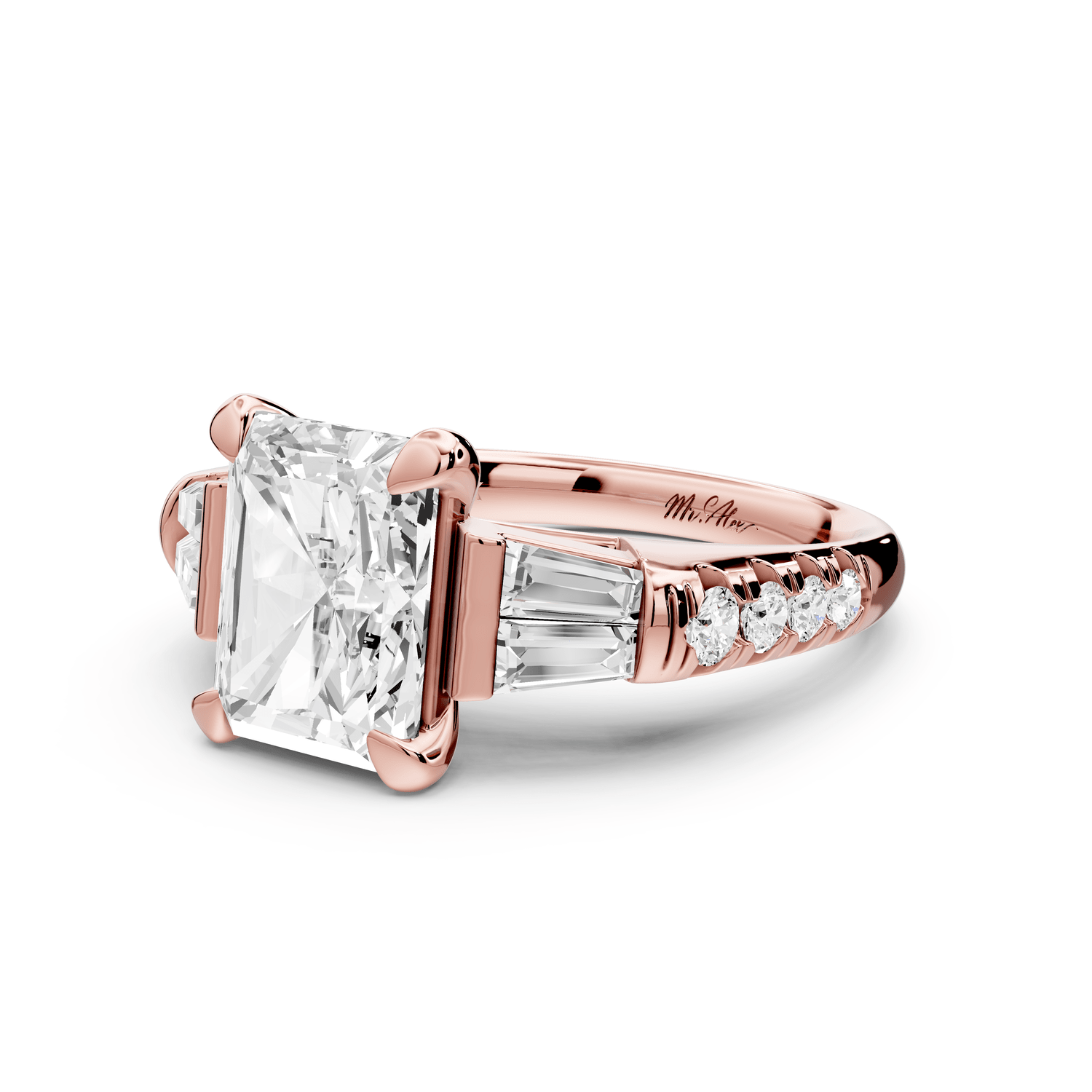 Aria - 3ct 14k rose gold radiant Diamond with tapered baguettes and round accent stones engagement ring - Mr. Alex Jewelry