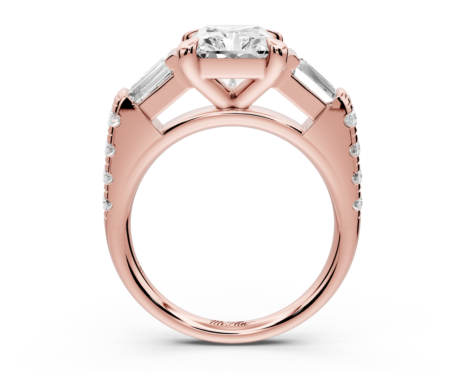 Aria - 3ct 14k rose gold radiant Diamond with tapered baguettes and round accent stones engagement ring - Mr. Alex Jewelry