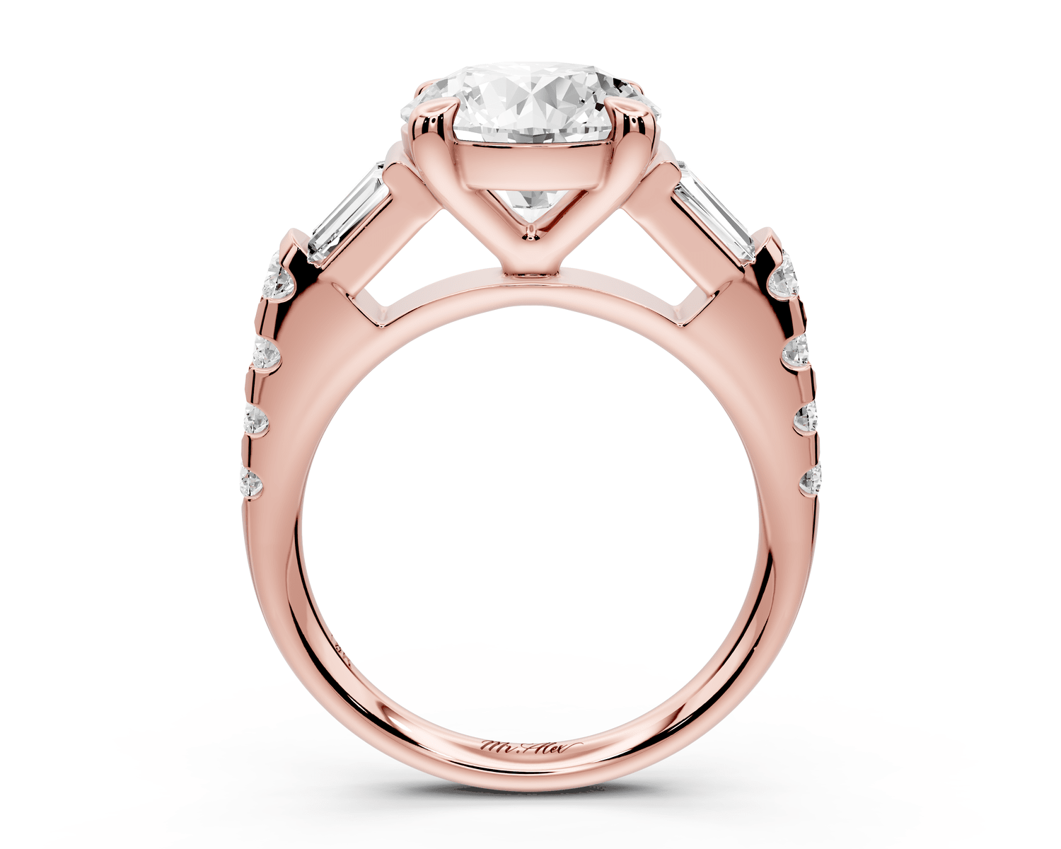 Aria - 3ct 14k rose gold round Diamond with tapered baguettes and round accent stones engagment ring - Mr. Alex Jewelry