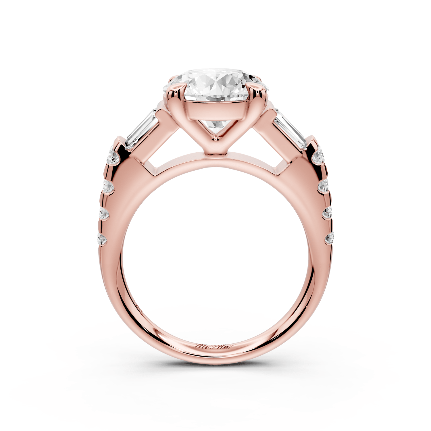 Aria - 3ct 14k rose gold round Diamond with tapered baguettes and round accent stones engagment ring - Mr. Alex Jewelry