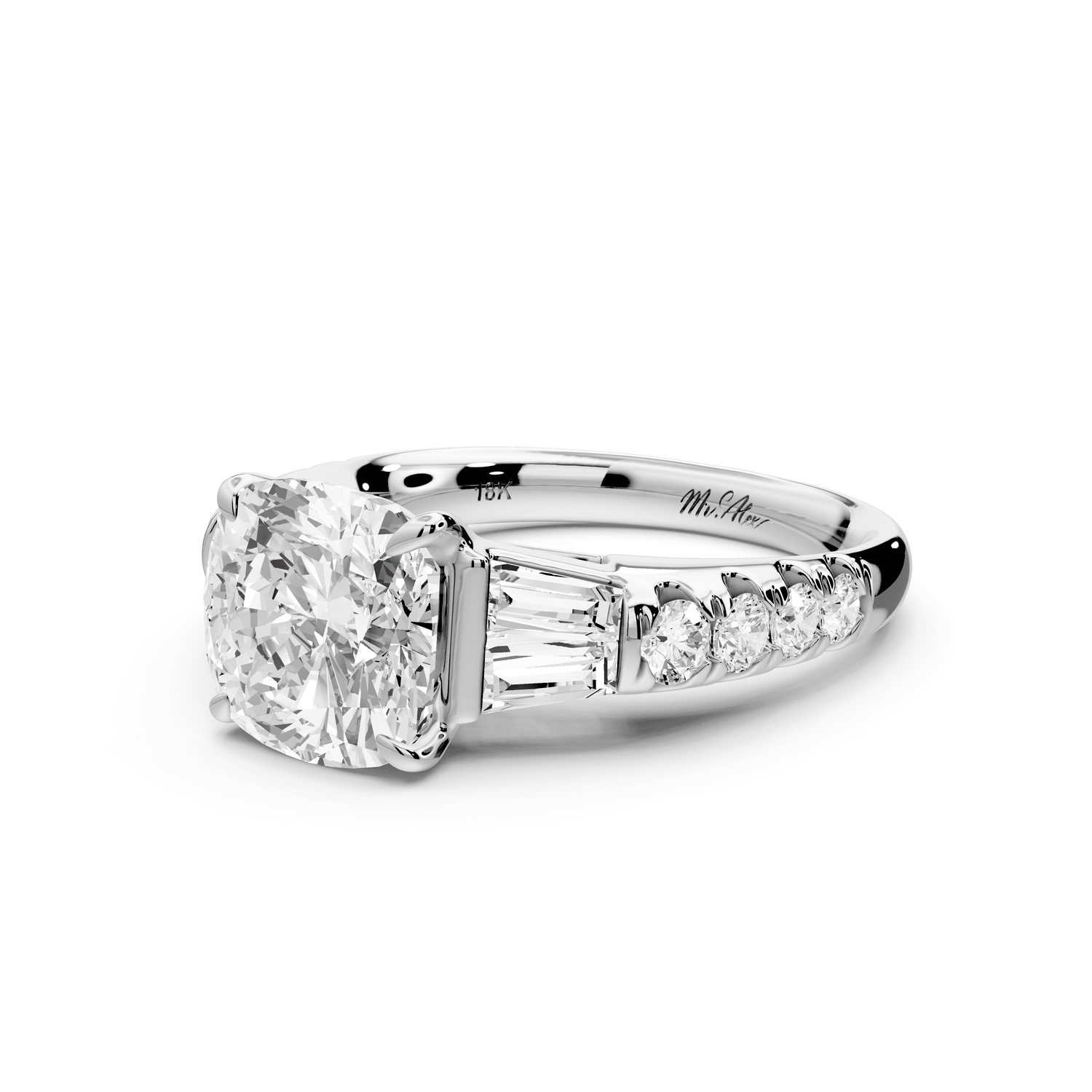 Aria - 3ct 14k white gold cushion Diamond with tapered baguettes and round accent stones engagement ring - Mr. Alex Jewelry