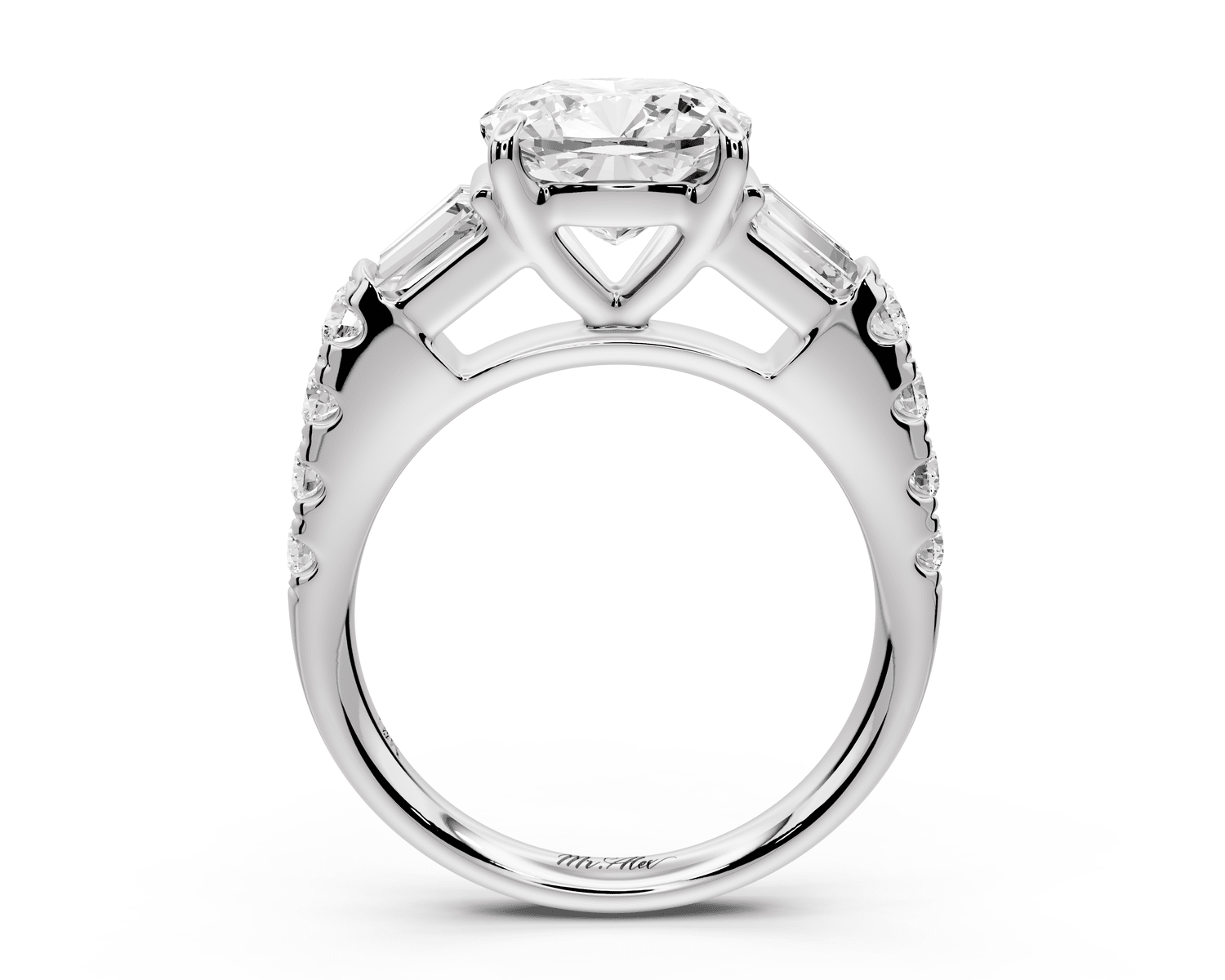 Aria - 3ct 14k white gold cushion Diamond with tapered baguettes and round accent stones engagement ring - Mr. Alex Jewelry
