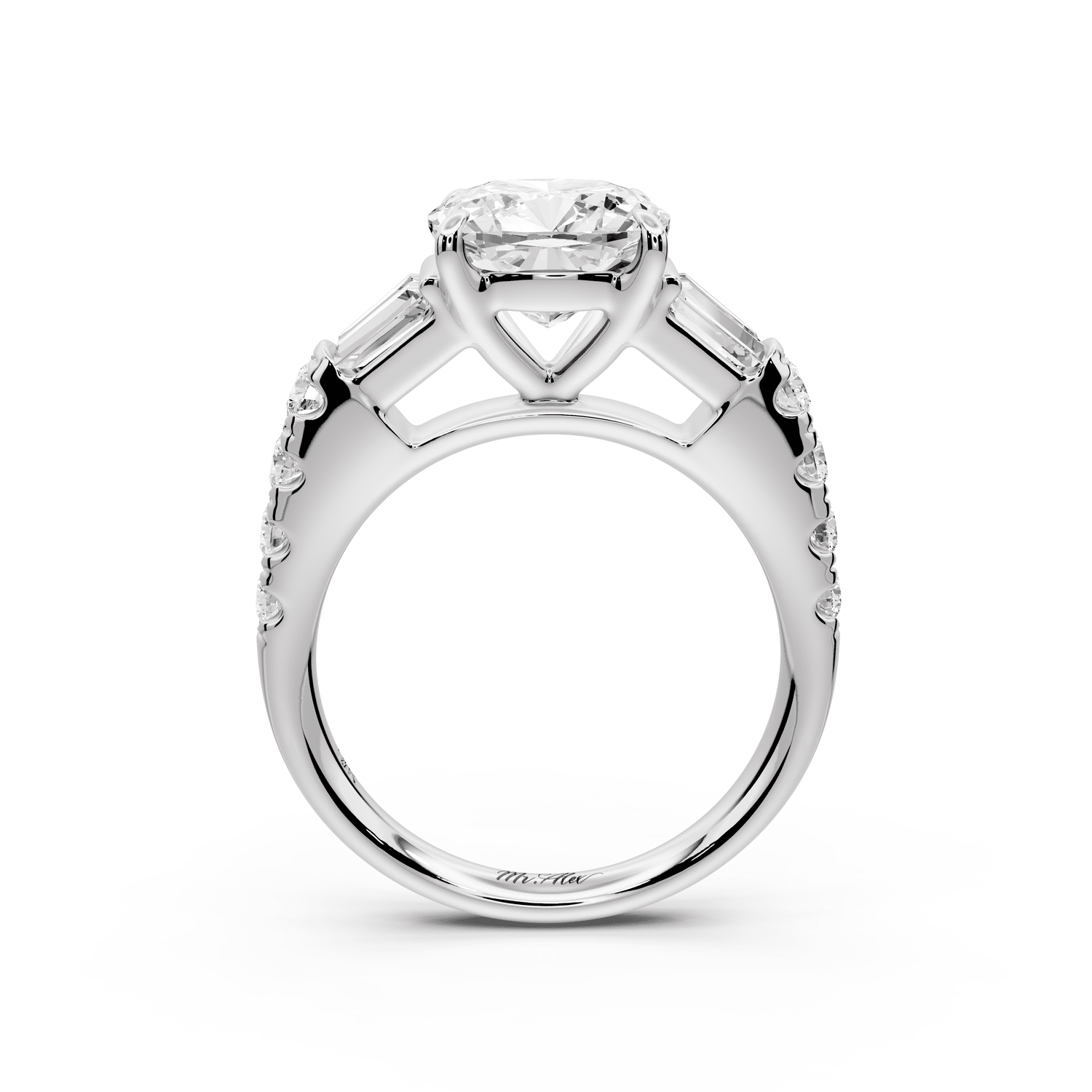 Aria - 3ct 14k white gold cushion Diamond with tapered baguettes and round accent stones engagement ring - Mr. Alex Jewelry
