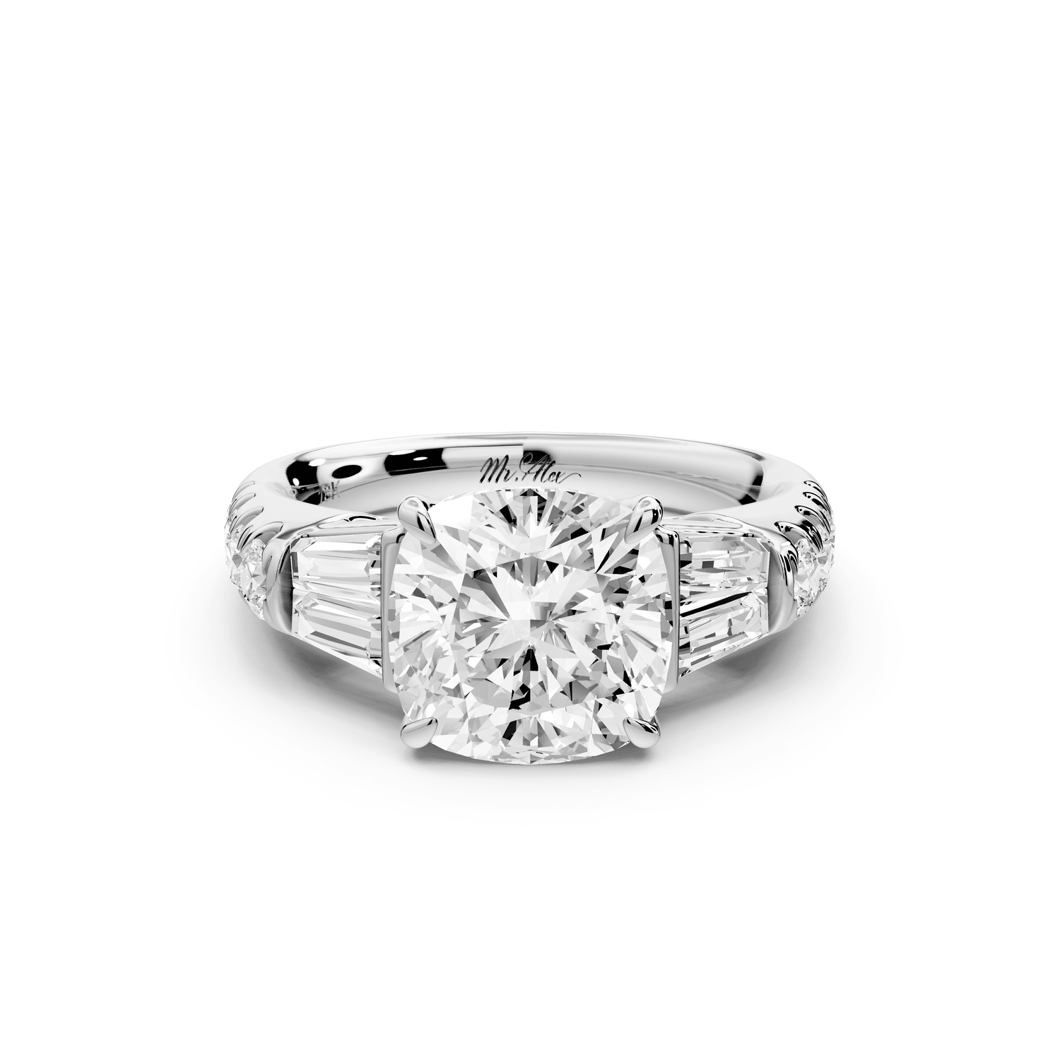 Aria - 3ct 14k white gold cushion Diamond with tapered baguettes and round accent stones engagement ring - Mr. Alex Jewelry
