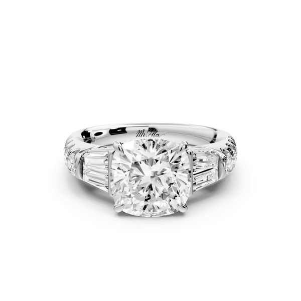 Aria - 3ct 14k white gold cushion Diamond with tapered baguettes and round accent stones engagement ring - Mr. Alex Jewelry