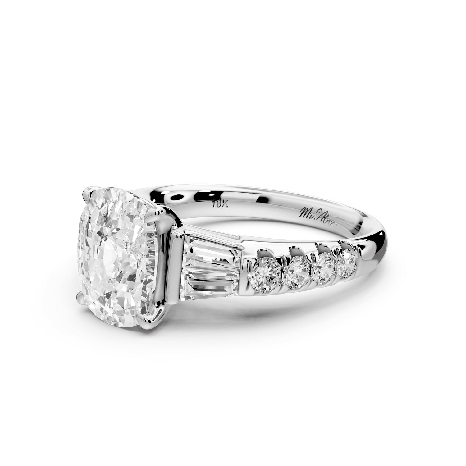 Aria - 3ct 14k white gold Elongated Cushion Diamond with tapered baguettes and round accent stones engagement ring - Mr. Alex Jewelry