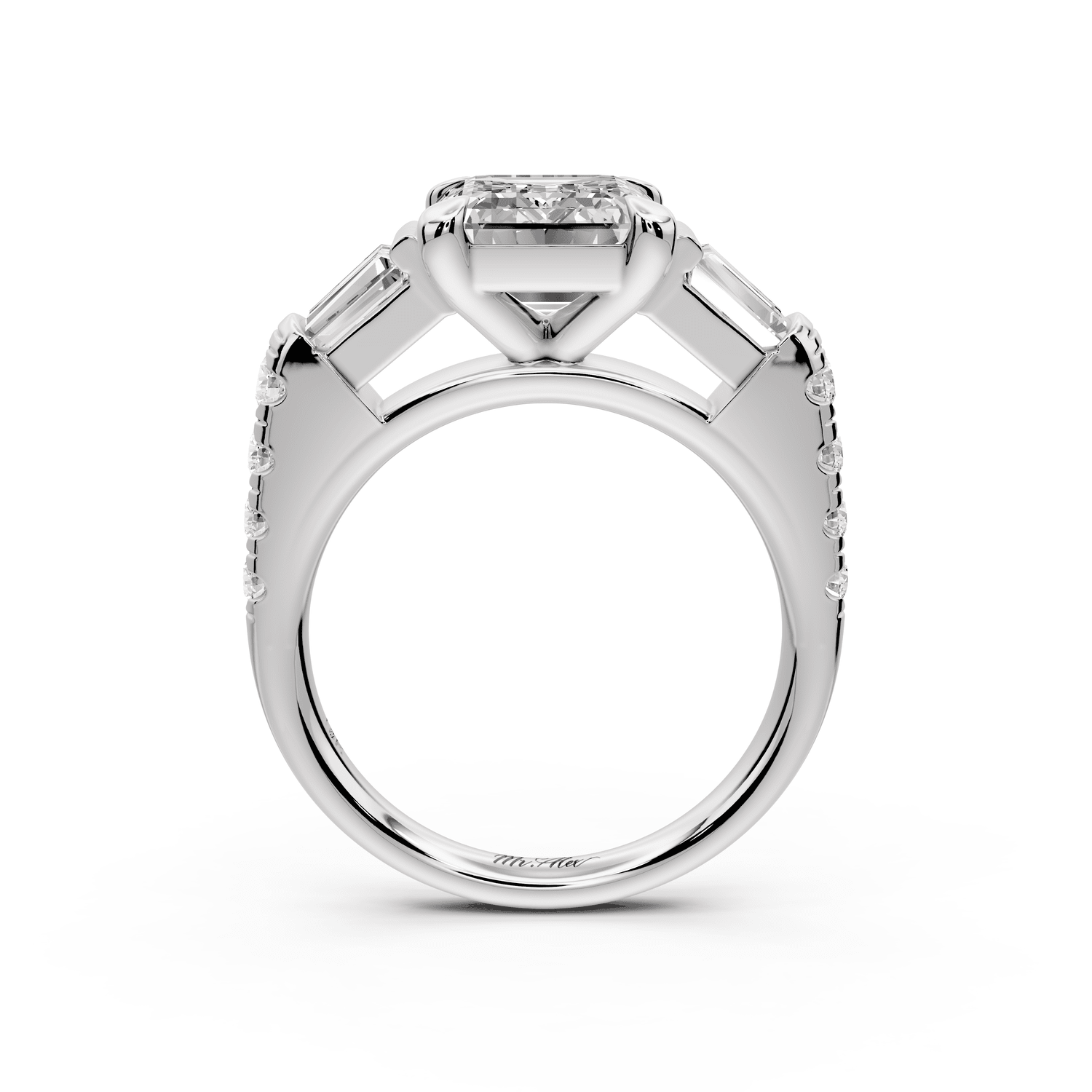 Aria - 3ct 14k white gold emerald Diamond with tapered baguettes and round accent stones Engagement ring - Mr. Alex Jewelry