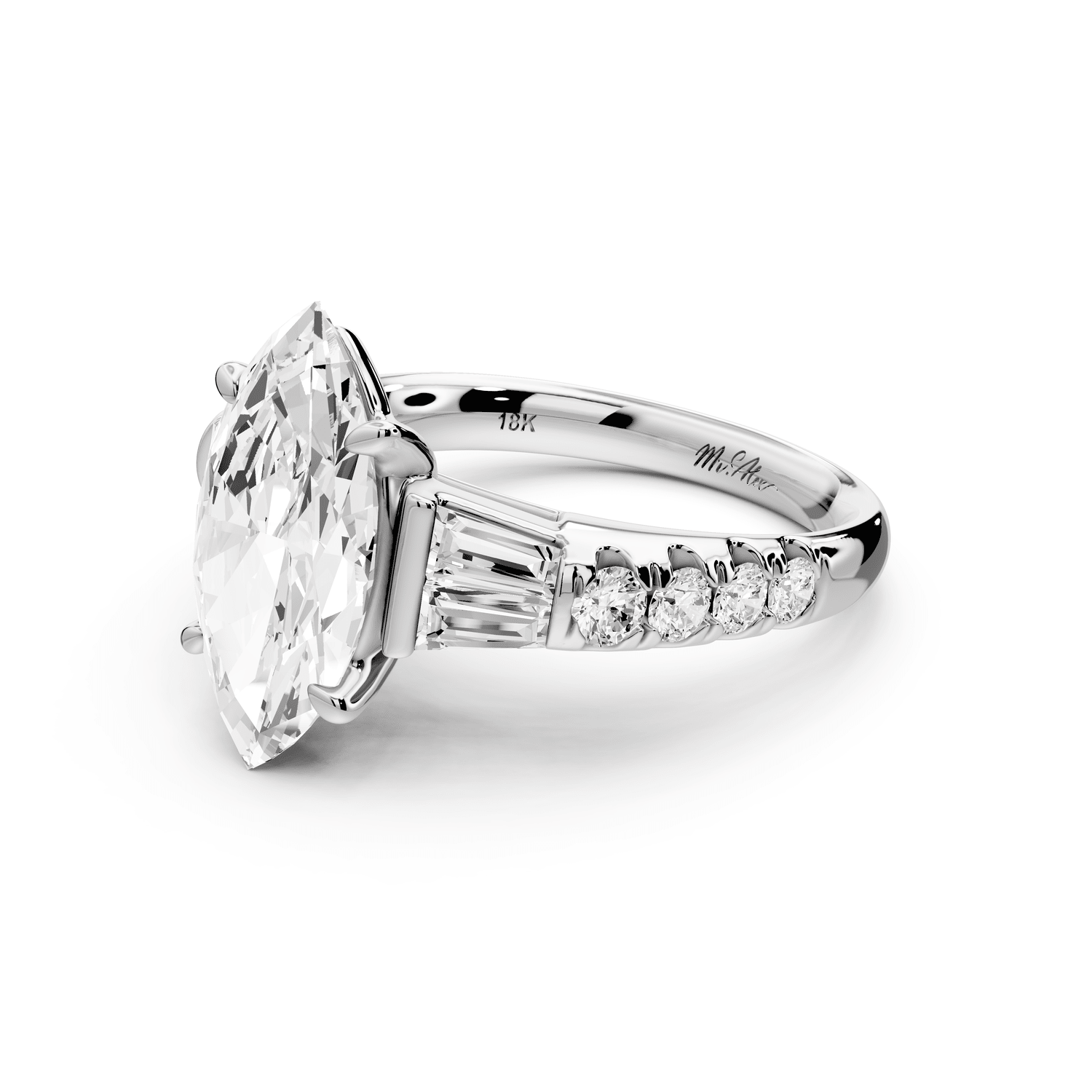 Aria - 3ct 14k white gold marquise Diamond with tapered baguettes and round accent stones engagement ring - Mr. Alex Jewelry