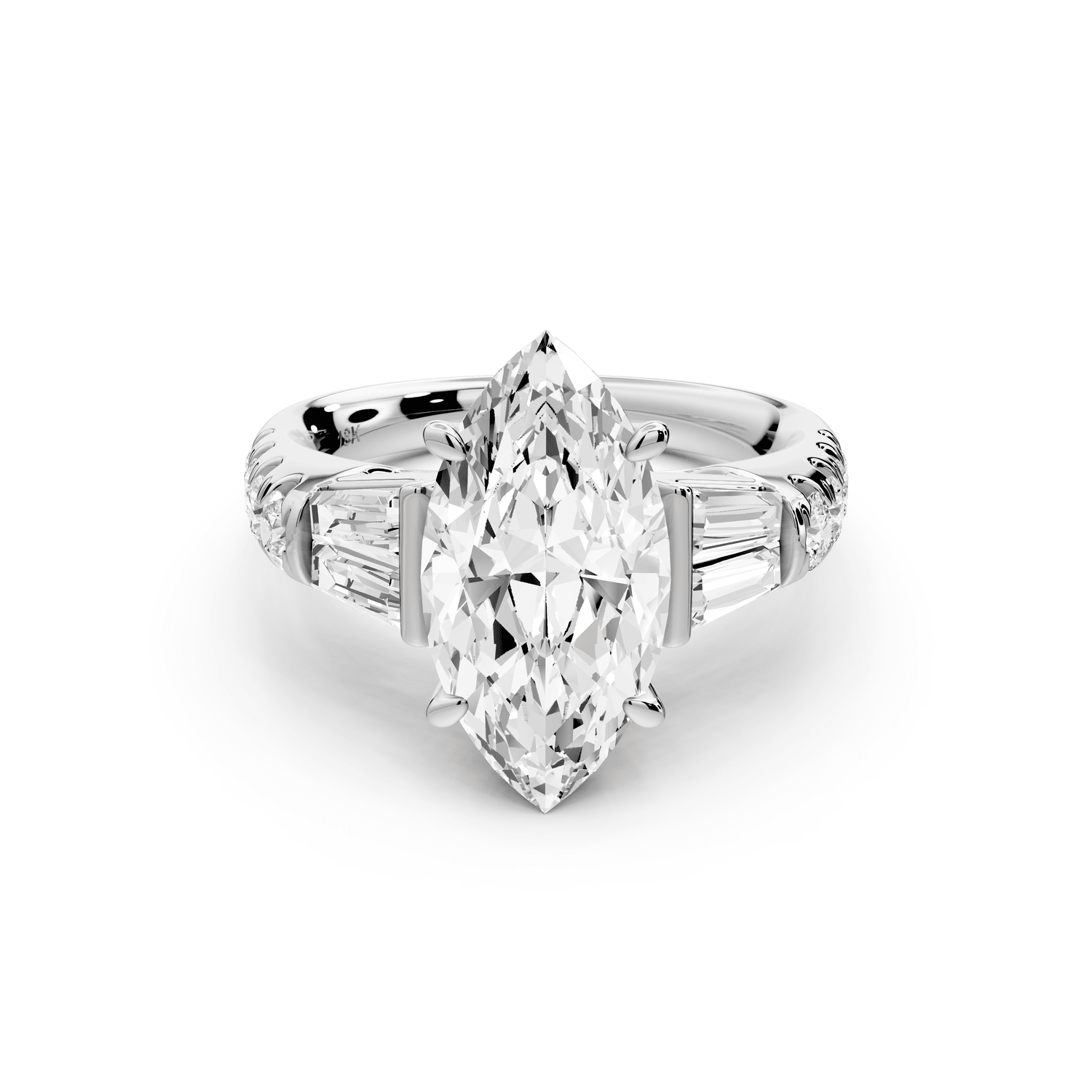 Aria - 3ct 14k white gold marquise Diamond with tapered baguettes and round accent stones engagement ring - Mr. Alex Jewelry