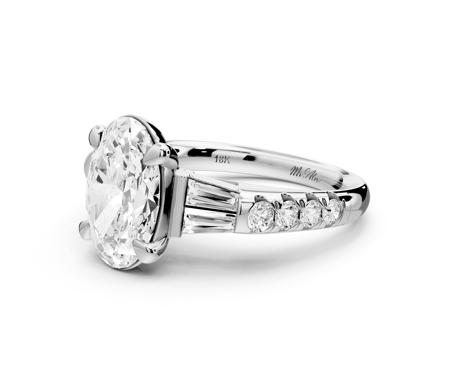 Aria - 3ct 14k white gold oval Diamond with tapered baguettes and round accent stones Engagement ring - Mr. Alex Jewelry