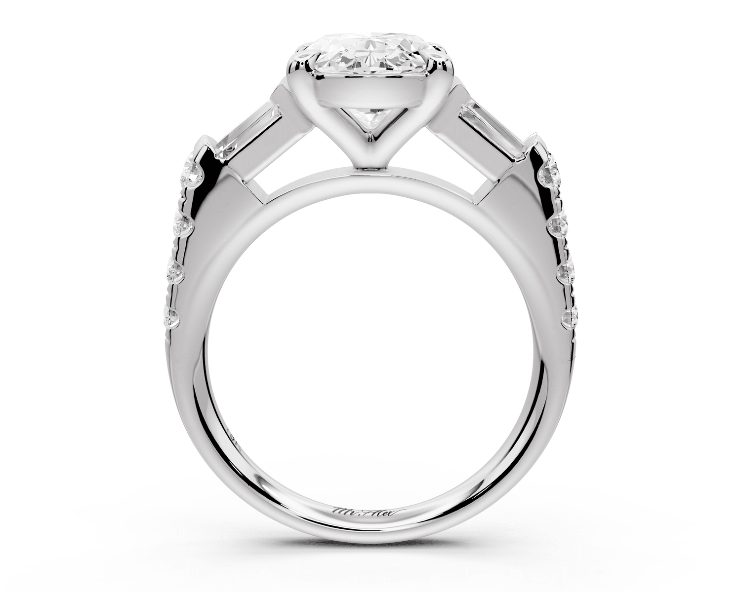 Aria - 3ct 14k white gold oval Diamond with tapered baguettes and round accent stones Engagement ring - Mr. Alex Jewelry