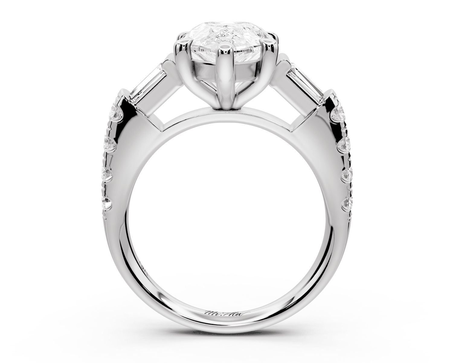 Aria - 3ct 14k white gold pear Diamond with tapered baguettes and round accent stones Engagement ring - Mr. Alex Jewelry