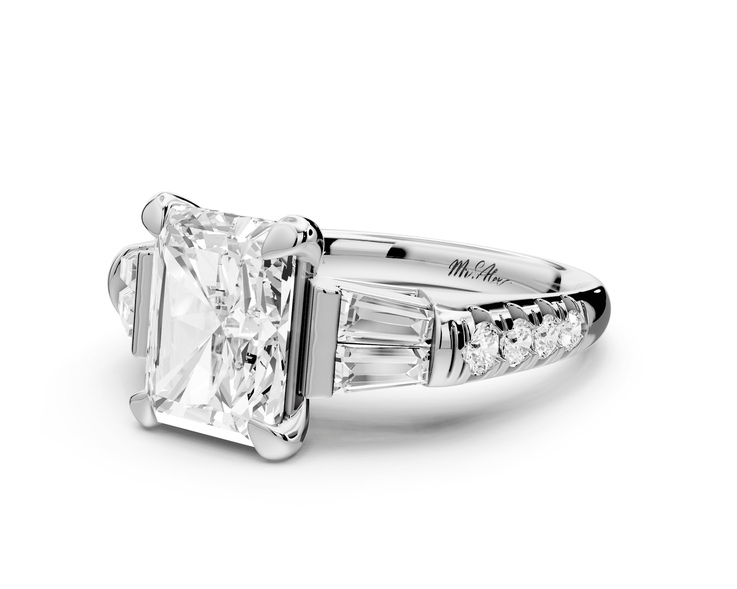 Aria - 3ct 14k white gold radiant Diamond with tapered baguettes and round accent stones engagement ring - Mr. Alex Jewelry