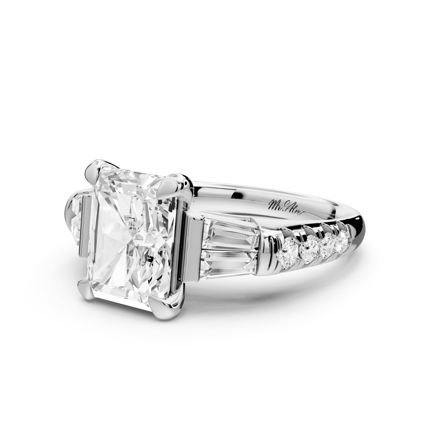 Aria - 3ct 14k white gold radiant Diamond with tapered baguettes and round accent stones engagement ring - Mr. Alex Jewelry
