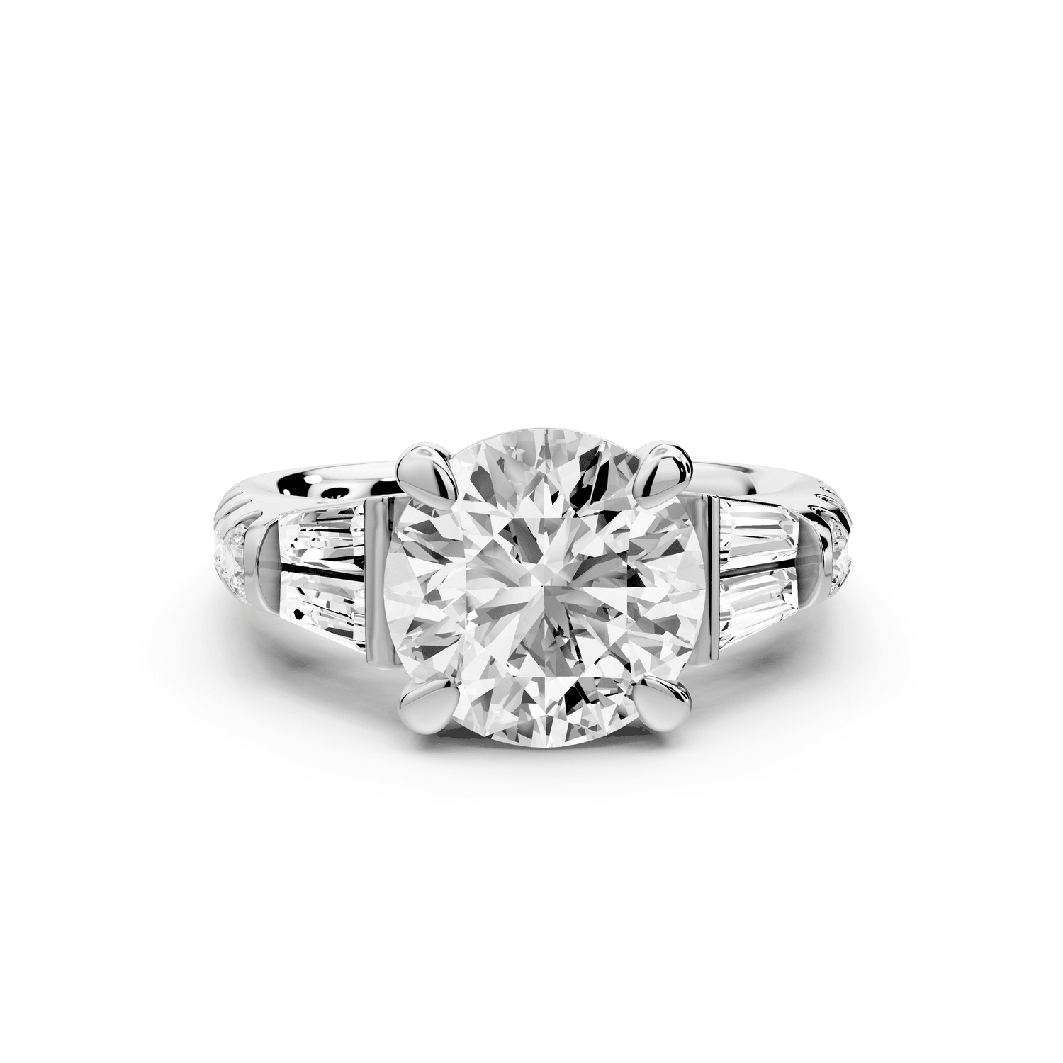 Aria - 3ct 14k white gold round Diamond with tapered baguettes and round accent stones engagment ring - Mr. Alex Jewelry