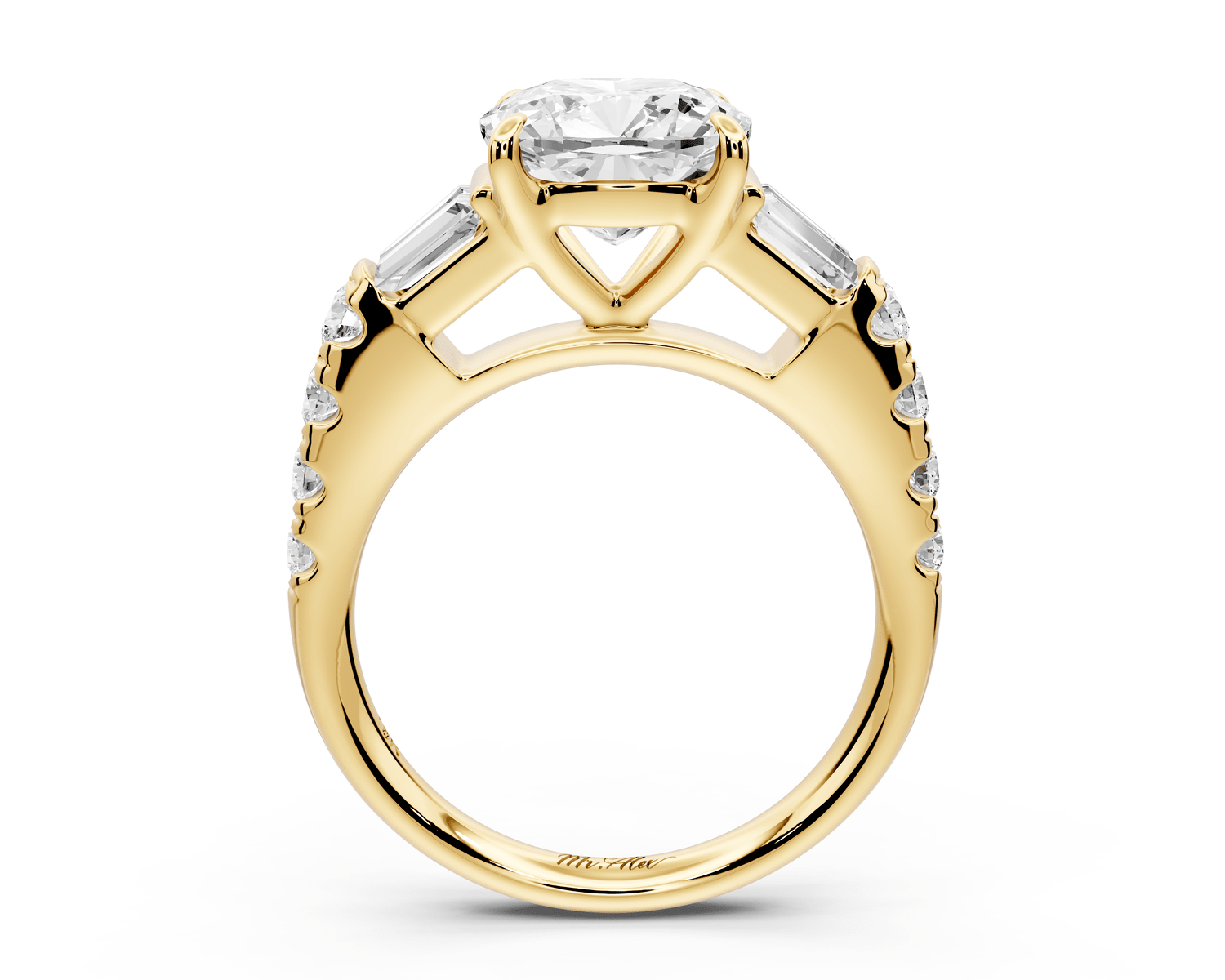 Aria - 3ct 14k yellow gold cushion Diamond with tapered baguettes and round accent stones engagement ring - Mr. Alex Jewelry