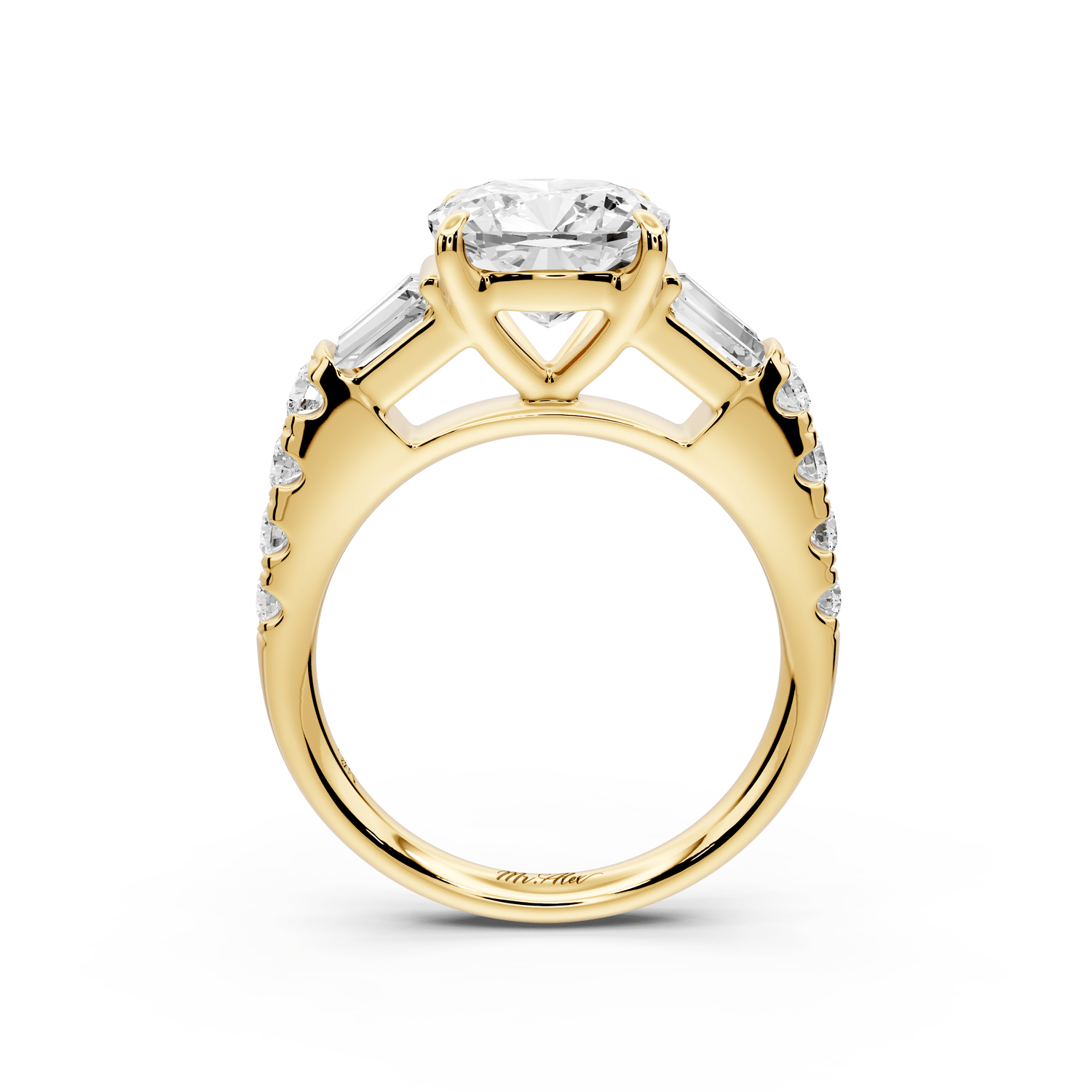 Aria - 3ct 14k yellow gold cushion Diamond with tapered baguettes and round accent stones engagement ring - Mr. Alex Jewelry
