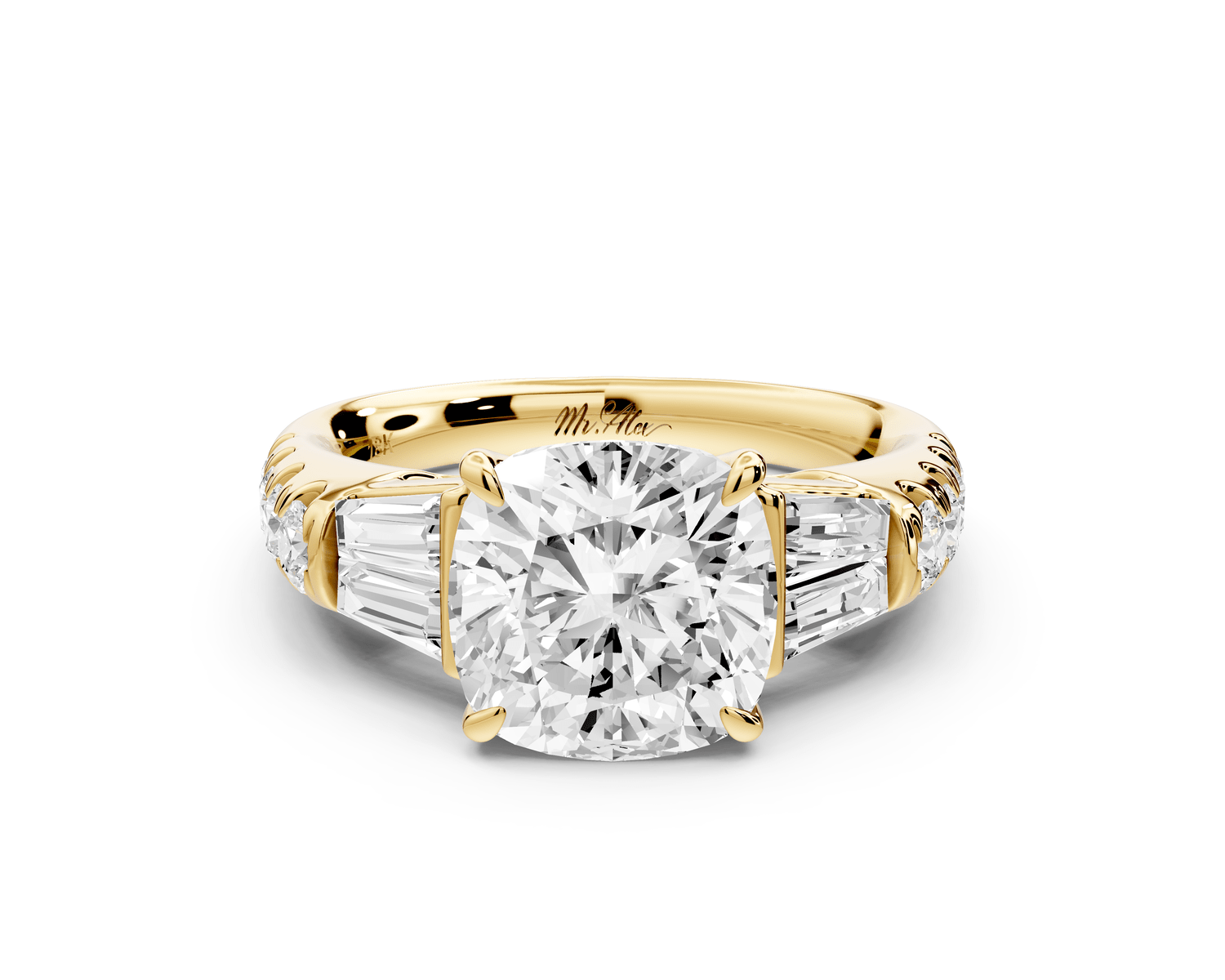 Aria - 3ct 14k yellow gold cushion Diamond with tapered baguettes and round accent stones engagement ring - Mr. Alex Jewelry