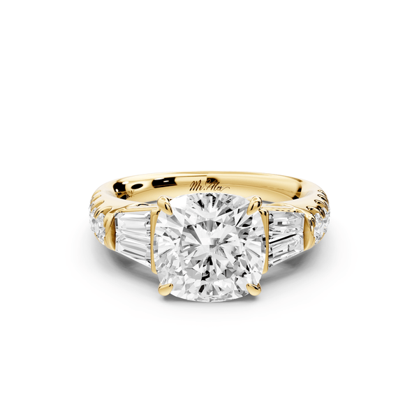 Aria - 3ct 14k yellow gold cushion Diamond with tapered baguettes and round accent stones engagement ring - Mr. Alex Jewelry