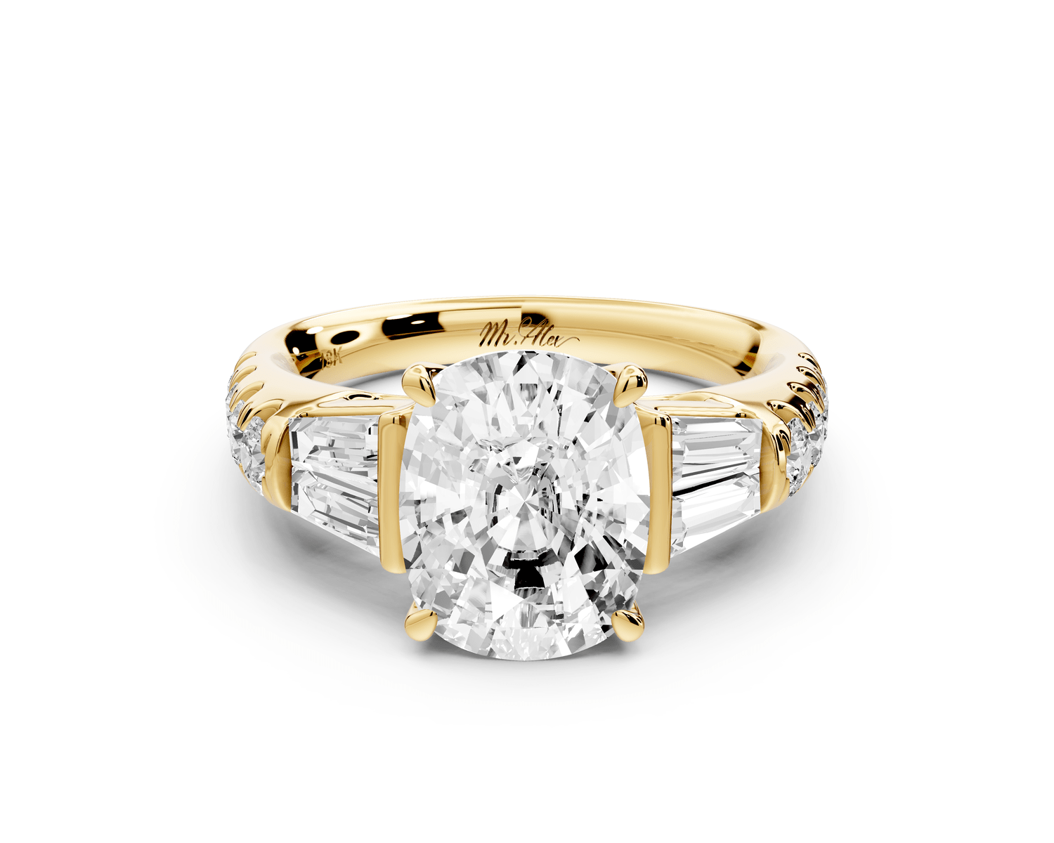 Aria - 3ct 14k yellow gold Elongated Cushion Diamond with tapered baguettes and round accent stones engagement ring - Mr. Alex Jewelry